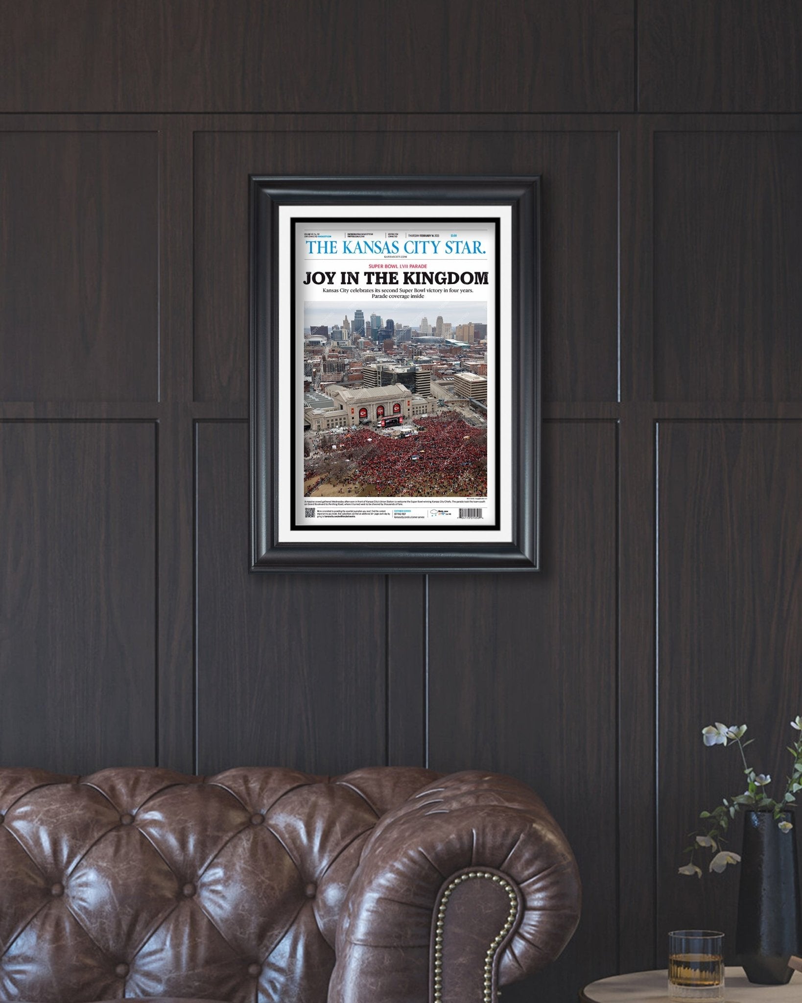 2023 Kansas City Chiefs “Joy in the Kingdom” Super Bowl LVII Championship Parade Framed Front Page Newspaper - TitleGameFrames.com