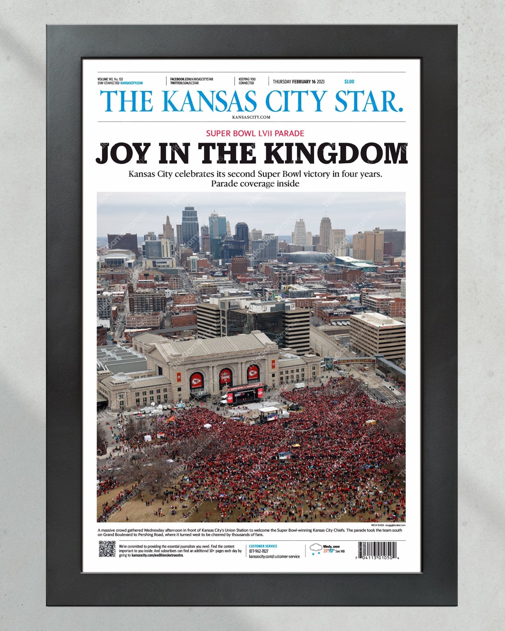 2023 Kansas City Chiefs “Joy in the Kingdom” Super Bowl LVII Championship Parade Framed Front Page Newspaper - TitleGameFrames.com