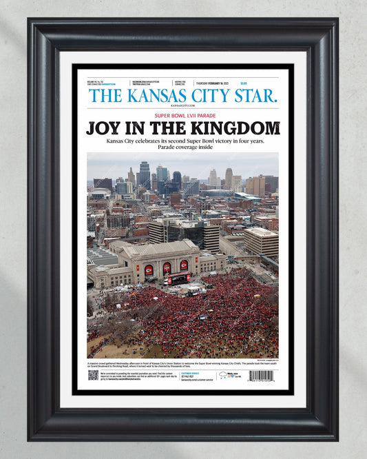 2023 Kansas City Chiefs “Joy in the Kingdom” Super Bowl LVII Championship Parade Framed Front Page Newspaper - TitleGameFrames.com