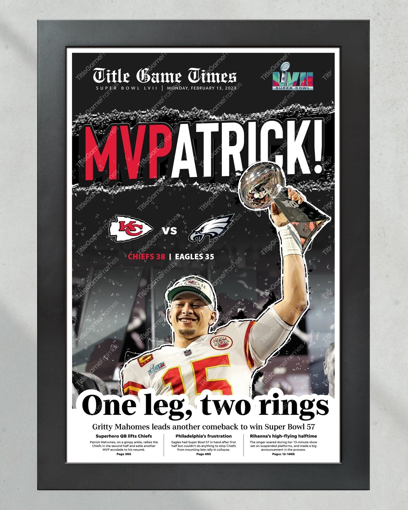 2023 Kansas City Chiefs “MVPatrick” Super Bowl LVII Champions Framed Front Page Newspaper - TitleGameFrames.com