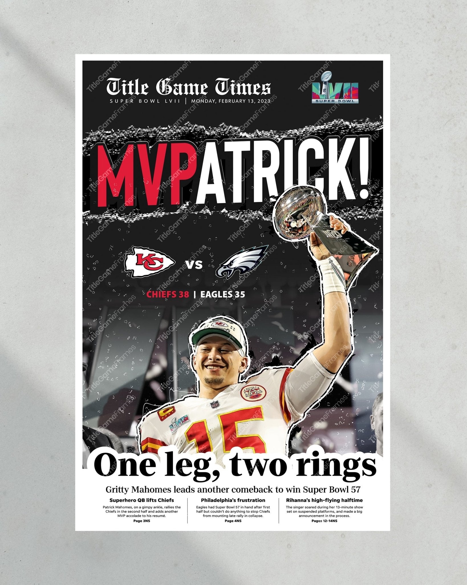 2023 Kansas City Chiefs “MVPatrick” Super Bowl LVII Champions Framed Front Page Newspaper - TitleGameFrames.com