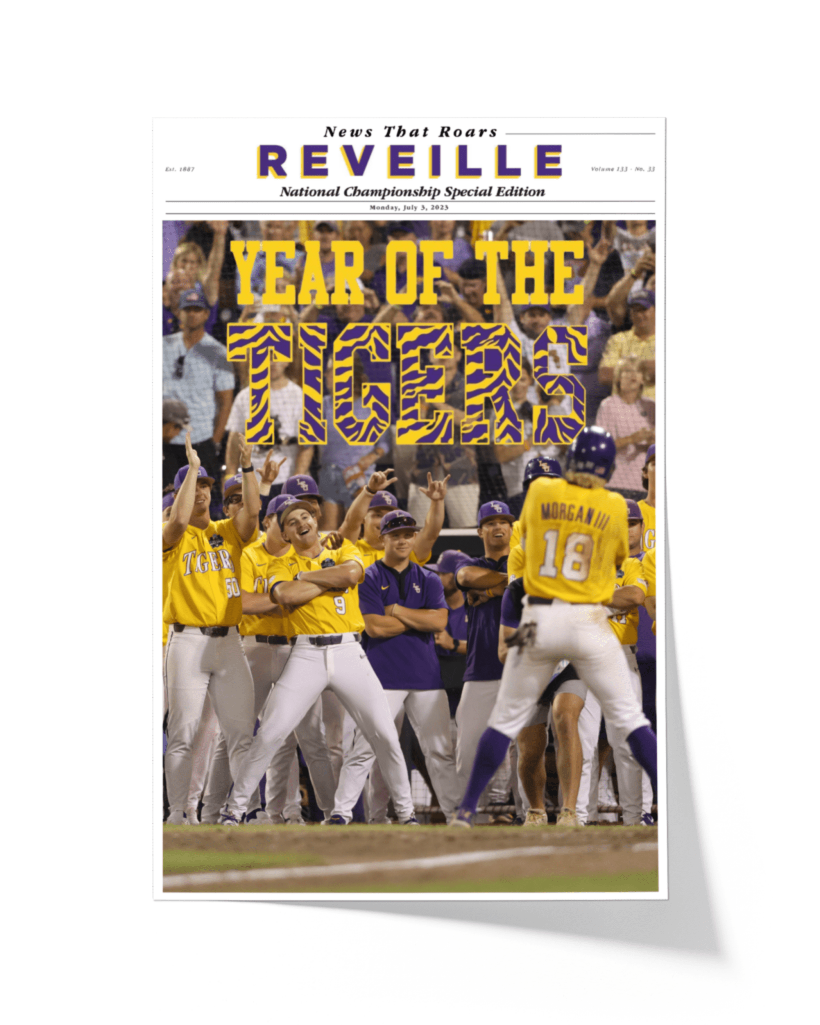 2023 LSU Tigers CWS Champions "YEAR OF THE TIGERS" – Framed Reveille Newspaper - TitleGameFrames.com
