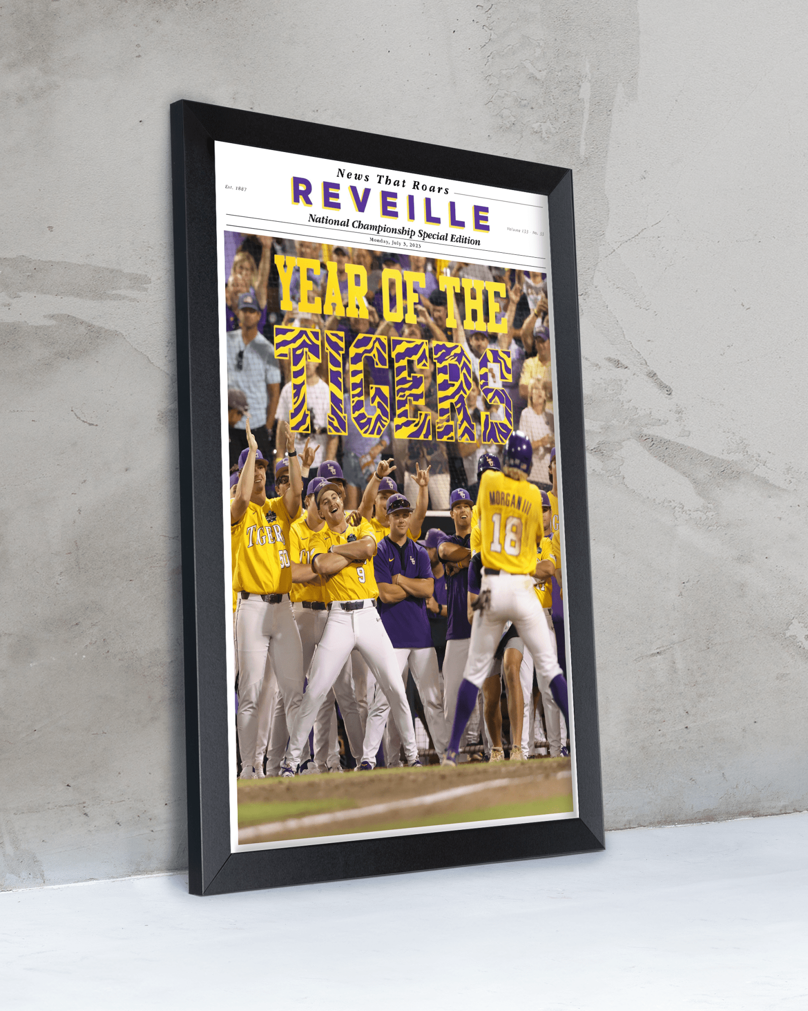 2023 LSU Tigers CWS Champions "YEAR OF THE TIGERS" – Framed Reveille Newspaper - TitleGameFrames.com
