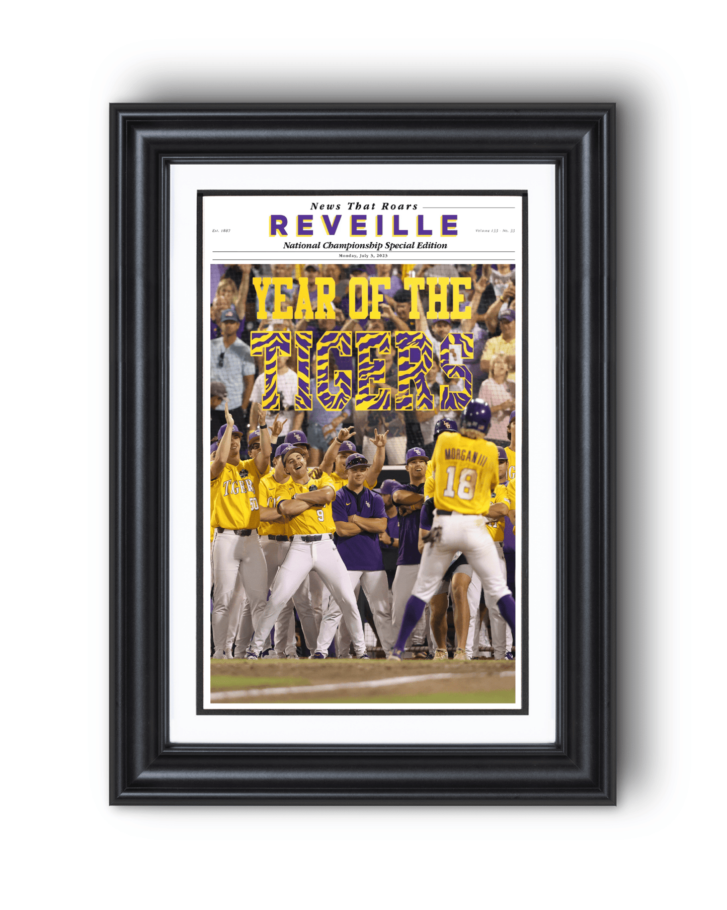 2023 LSU Tigers CWS Champions "YEAR OF THE TIGERS" – Framed Reveille Newspaper - TitleGameFrames.com