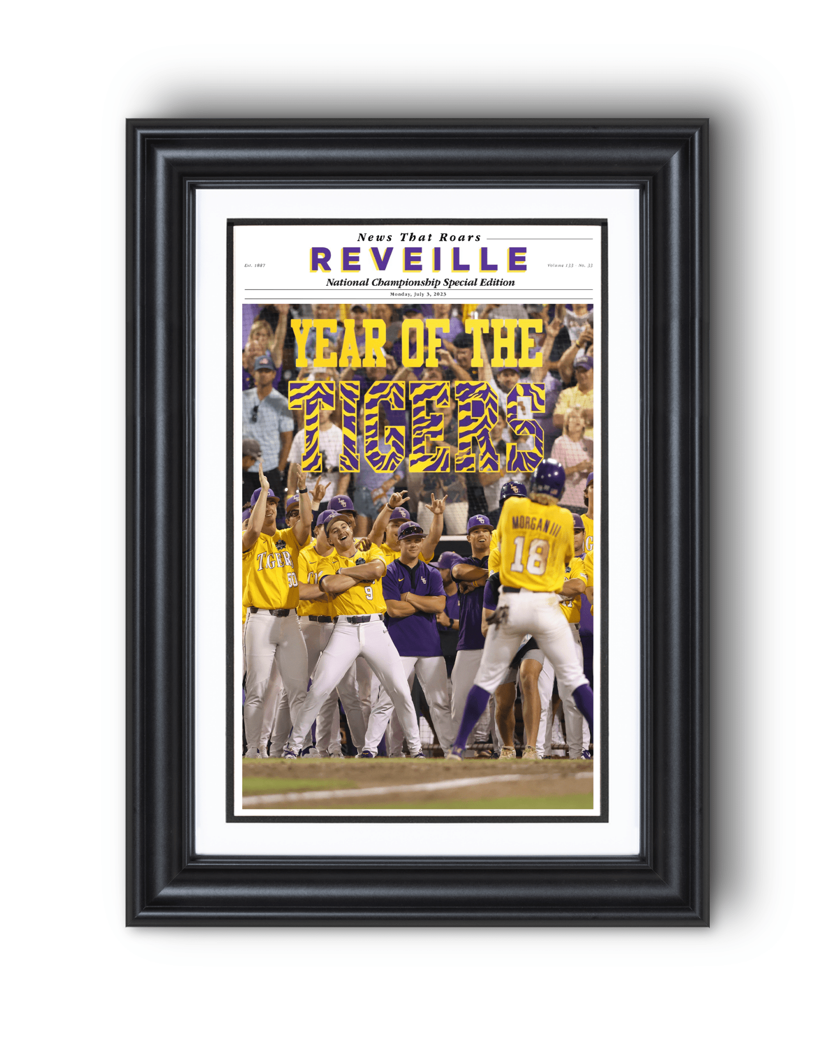 2023 LSU Tigers CWS Champions "YEAR OF THE TIGERS" – Framed Reveille Newspaper - TitleGameFrames.com