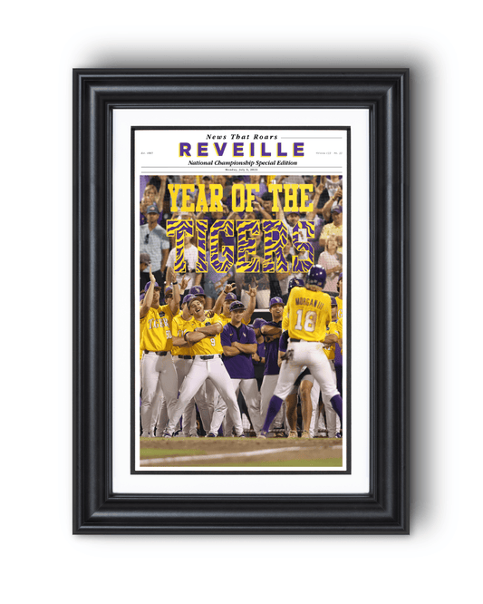 2023 LSU Tigers CWS Champions "YEAR OF THE TIGERS" – Framed Reveille Newspaper - TitleGameFrames.com