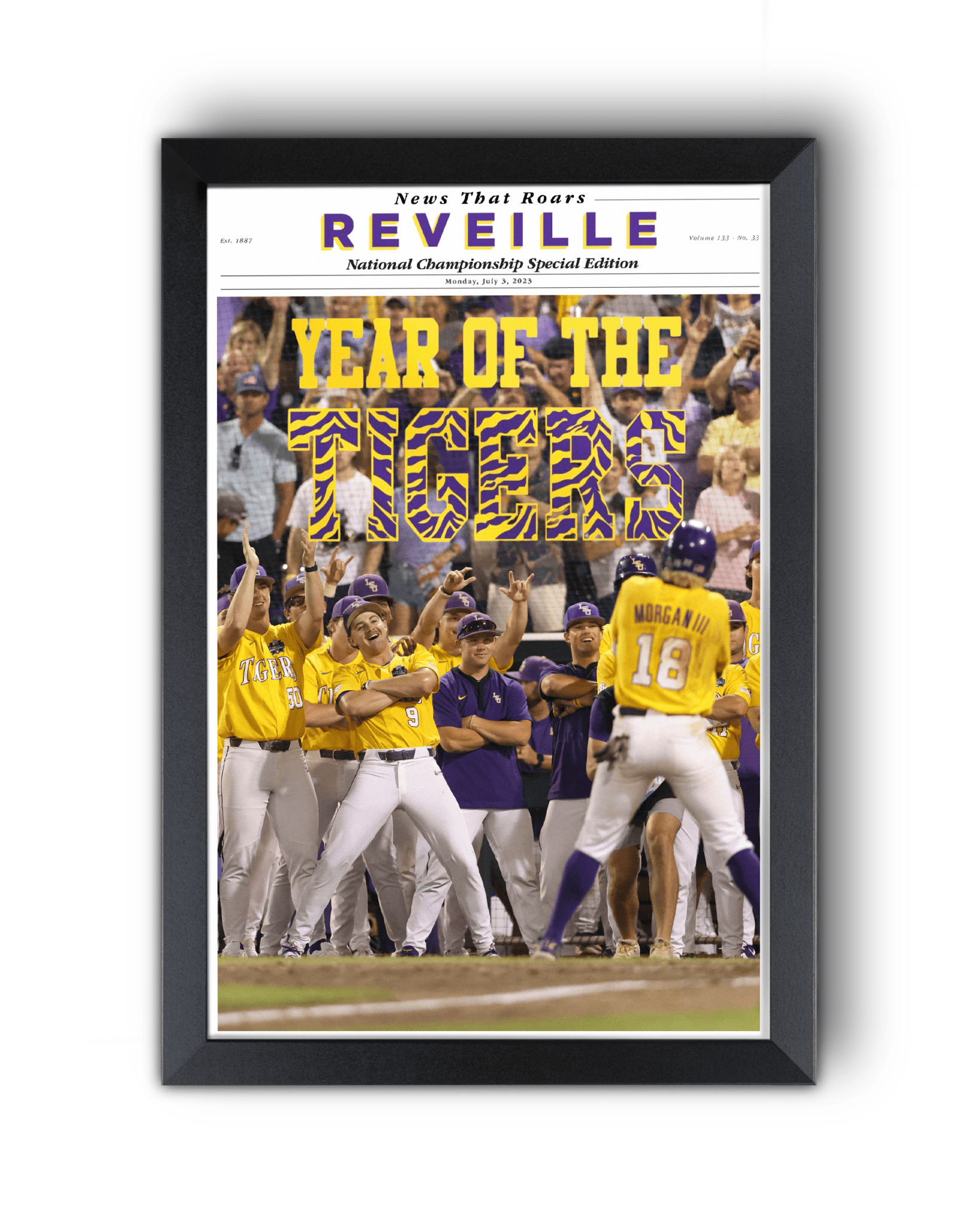 2023 LSU Tigers CWS Champions "YEAR OF THE TIGERS" – Framed Reveille Newspaper - TitleGameFrames.com