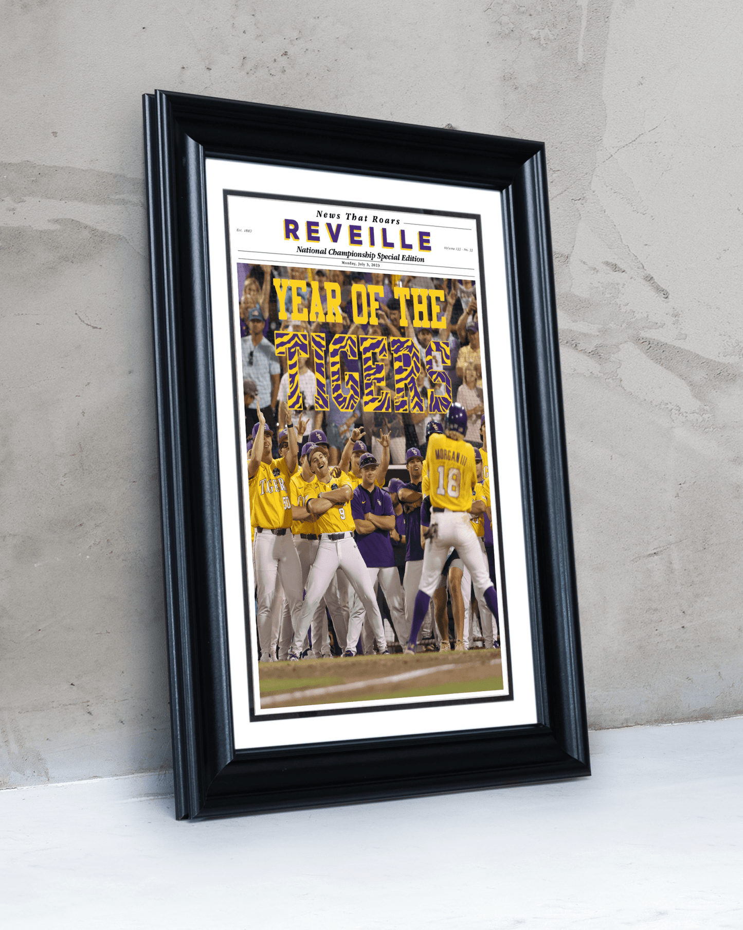 2023 LSU Tigers CWS Champions "YEAR OF THE TIGERS" – Framed Reveille Newspaper - TitleGameFrames.com