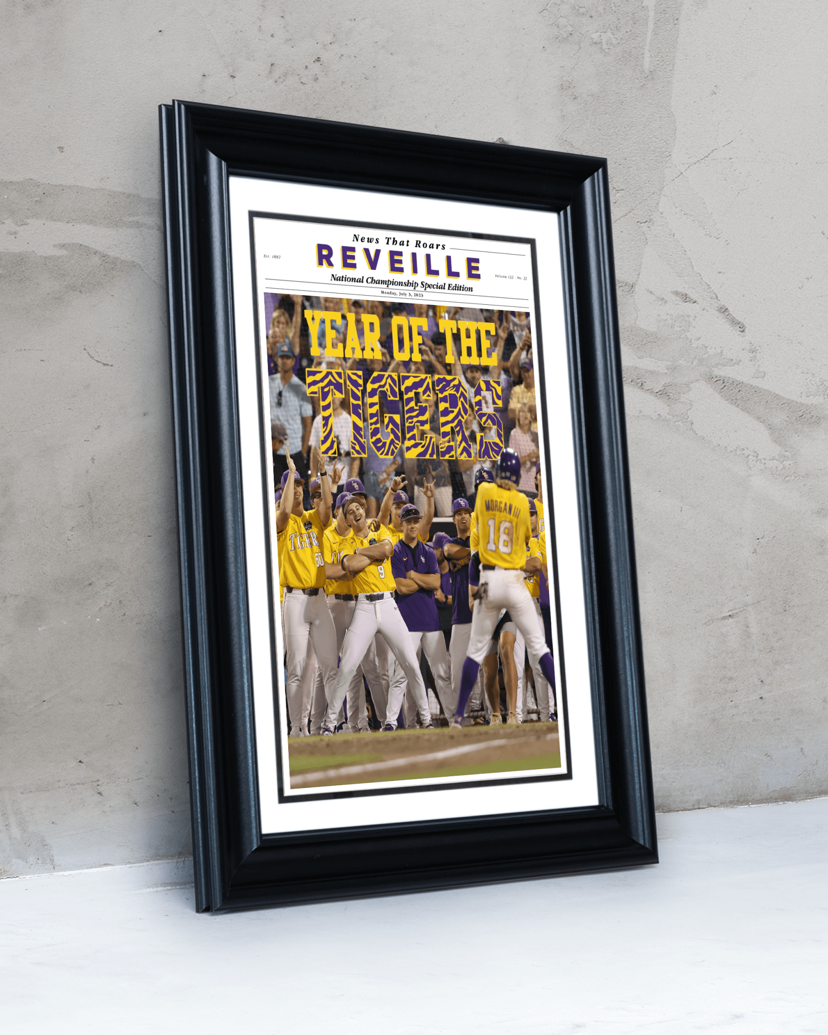 2023 LSU Tigers CWS Champions "YEAR OF THE TIGERS" – Framed Reveille Newspaper - TitleGameFrames.com