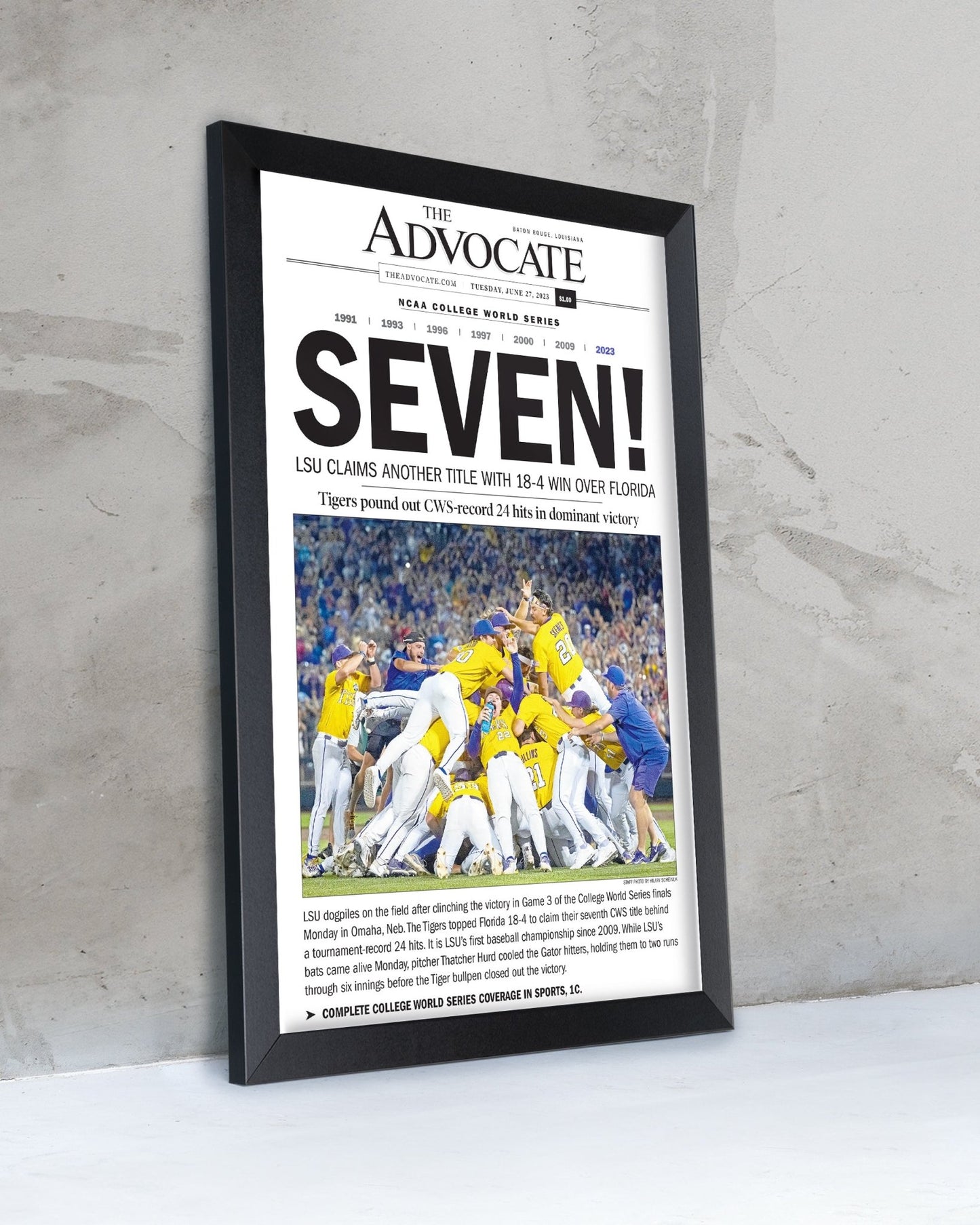 2023 LSU Tigers “SEVEN!” College World Series Champions Front Page Newspaper - TitleGameFrames.com