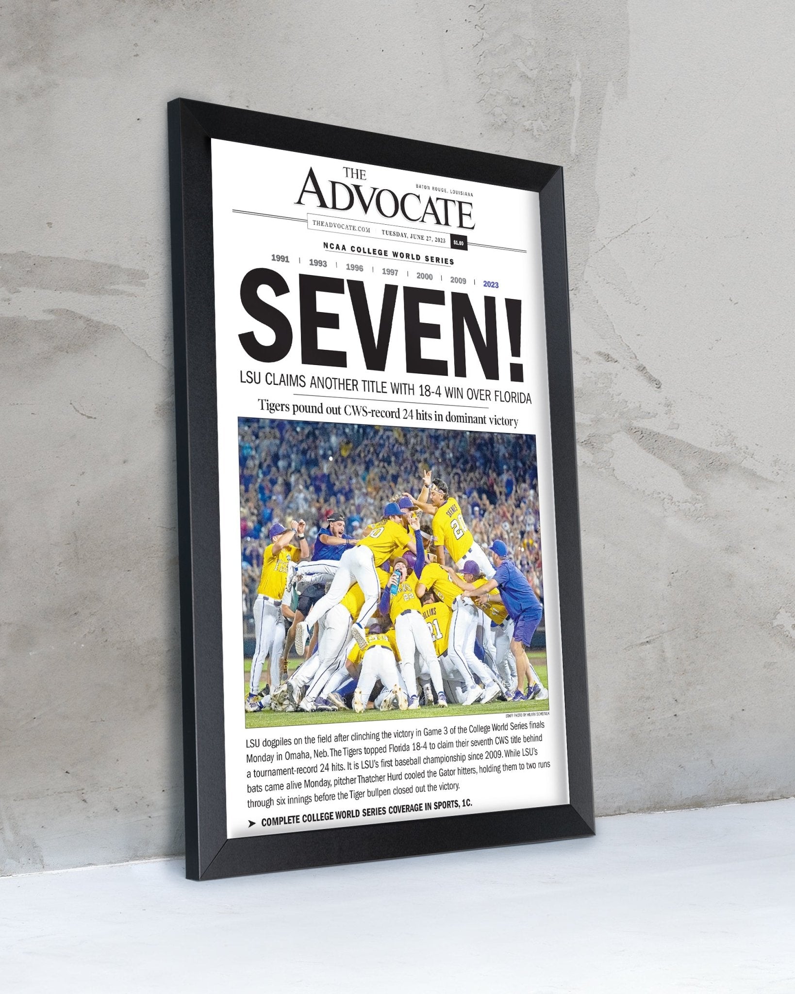 2023 LSU Tigers “SEVEN!” College World Series Champions Front Page Newspaper - TitleGameFrames.com