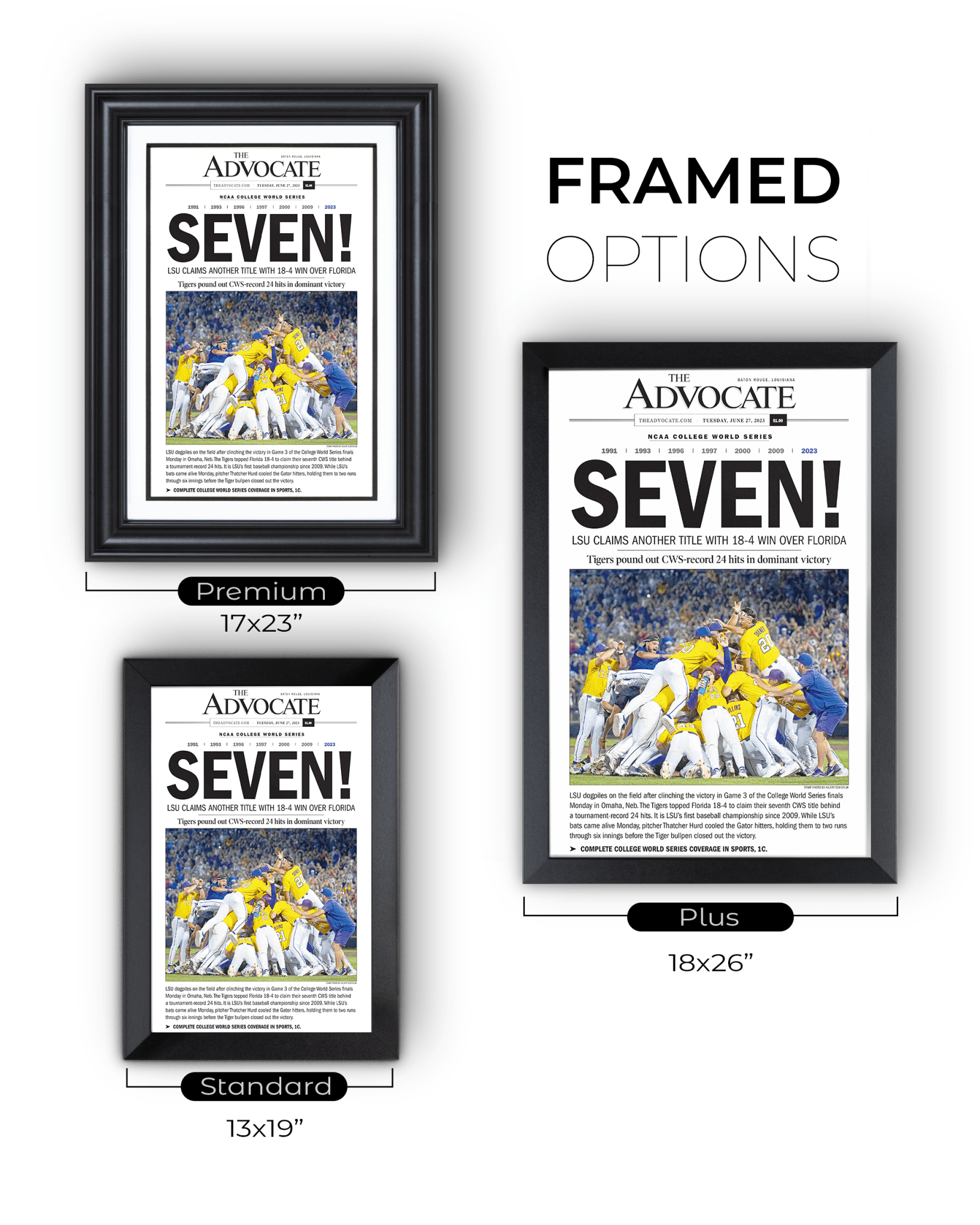 2023 LSU Tigers “SEVEN!” College World Series Champions Front Page Newspaper - TitleGameFrames.com