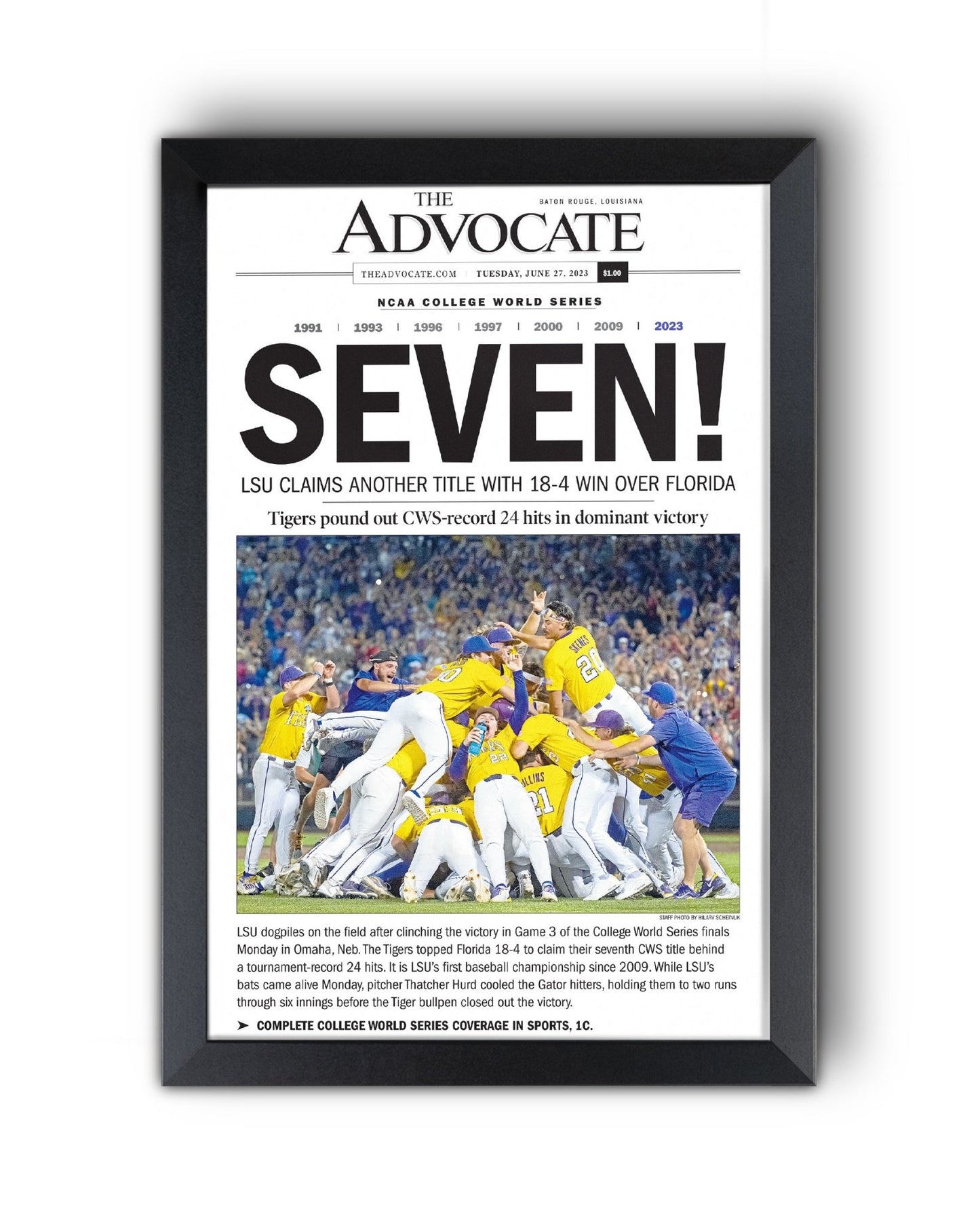 2023 LSU Tigers “SEVEN!” College World Series Champions Front Page Newspaper - TitleGameFrames.com