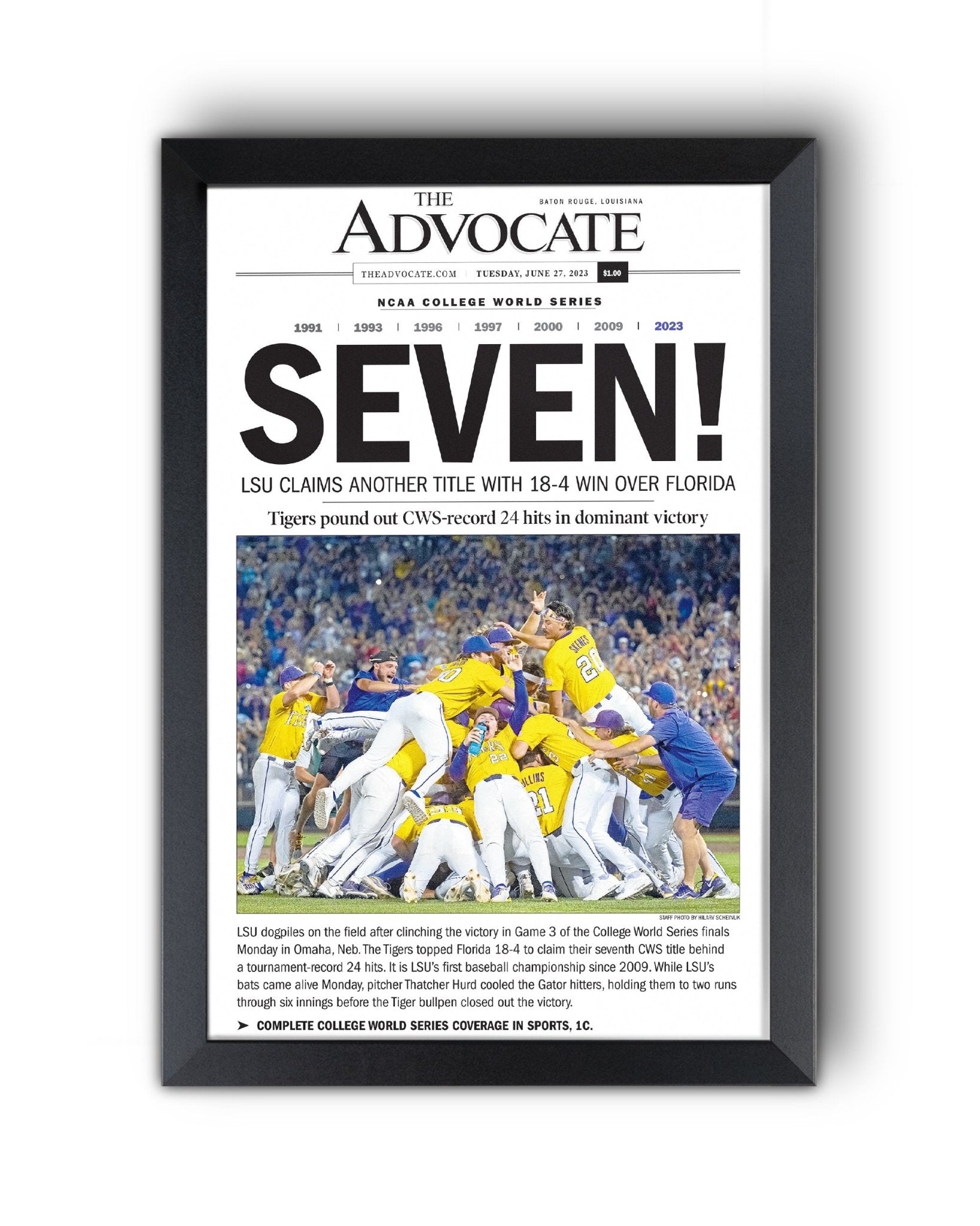 2023 LSU Tigers “SEVEN!” College World Series Champions Front Page Newspaper - TitleGameFrames.com
