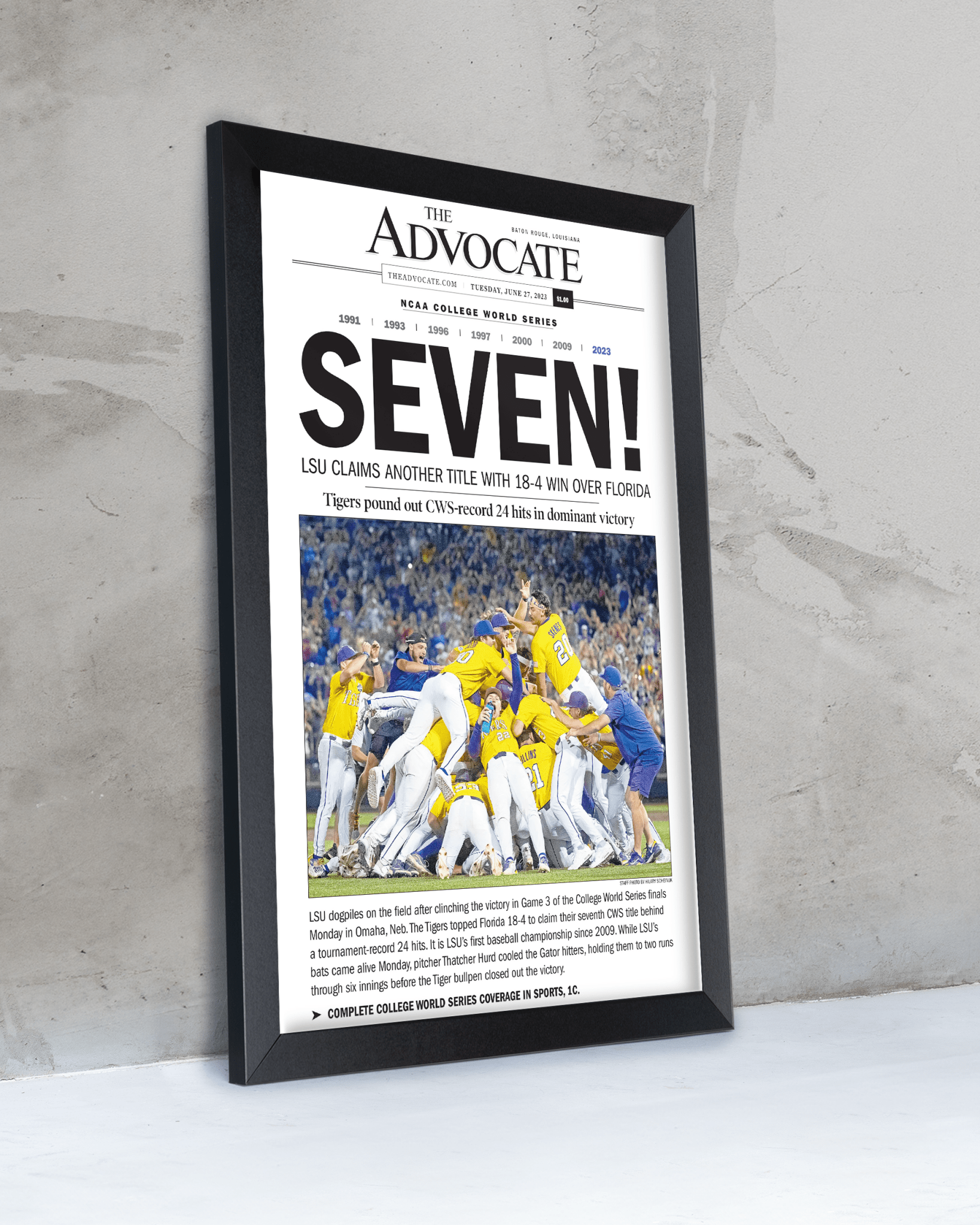 2023 LSU Tigers “SEVEN!” College World Series Champions Front Page Newspaper - TitleGameFrames.com