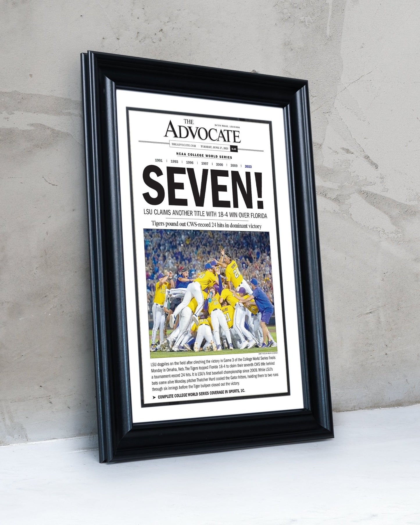 2023 LSU Tigers “SEVEN!” College World Series Champions Front Page Newspaper - TitleGameFrames.com