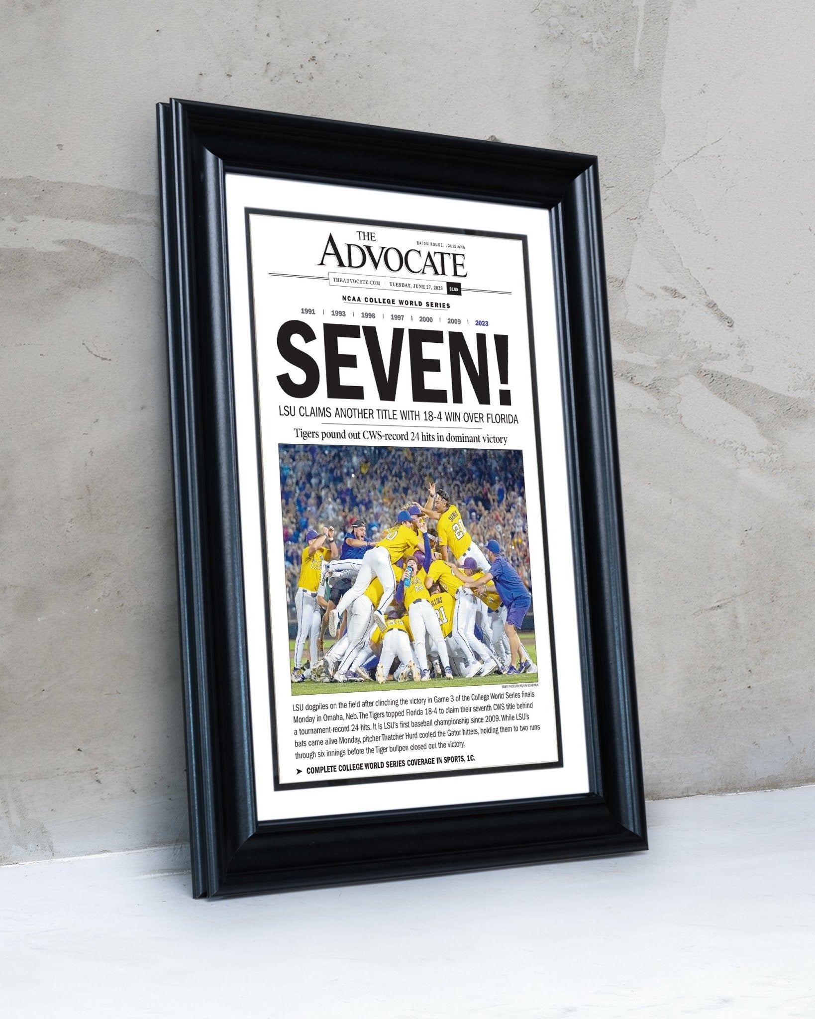 2023 LSU Tigers “SEVEN!” College World Series Champions Front Page Newspaper - TitleGameFrames.com