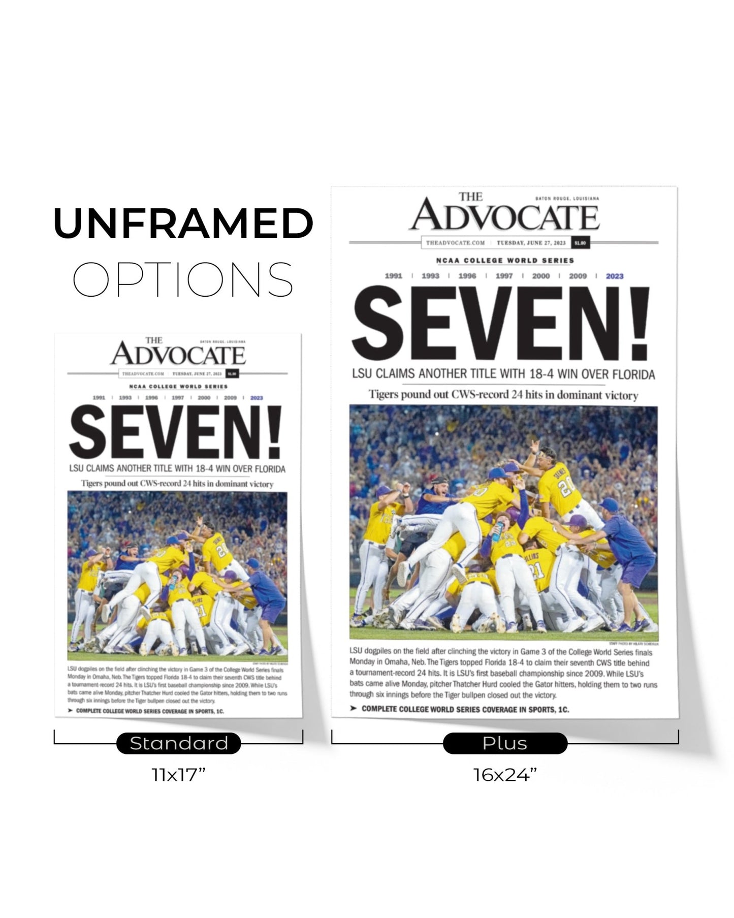 2023 LSU Tigers “SEVEN!” College World Series Champions Front Page Newspaper - TitleGameFrames.com