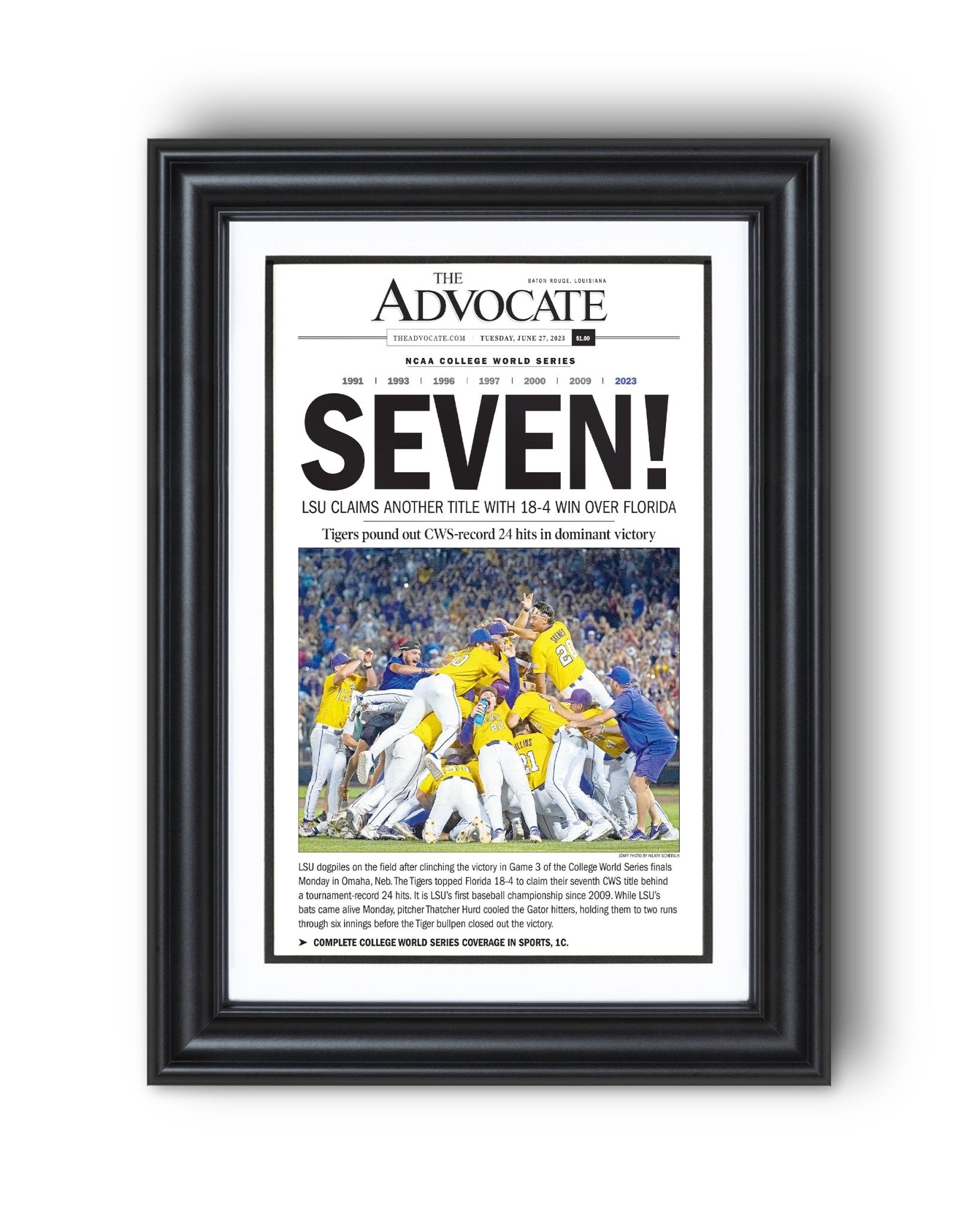 2023 LSU Tigers “SEVEN!” College World Series Champions Front Page Newspaper - TitleGameFrames.com