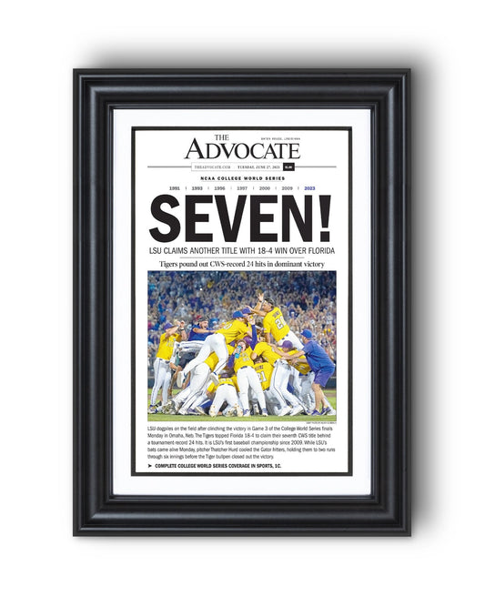 2023 LSU Tigers “SEVEN!” College World Series Champions Front Page Newspaper - TitleGameFrames.com