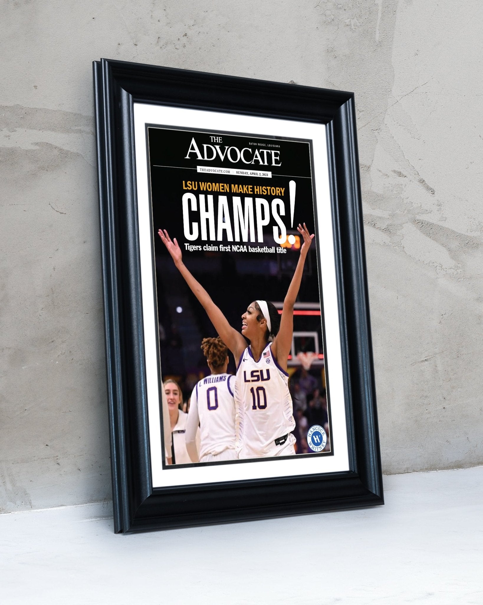 2023 LSU Tigers Women's National Champions Angel Reese "CHAMPS!" Framed Front Page Newspaper - TitleGameFrames.com