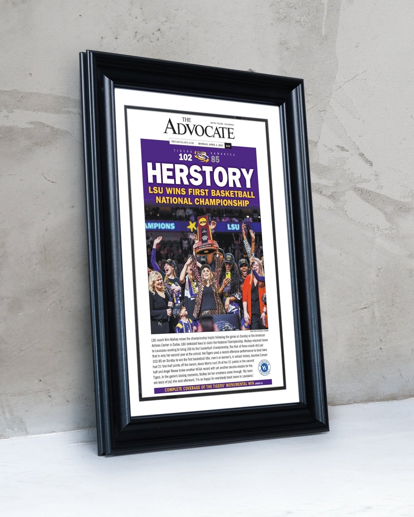 2023 LSU Tigers Women's National Champions "HERSTORY" Framed Front Page Newspaper - TitleGameFrames.com