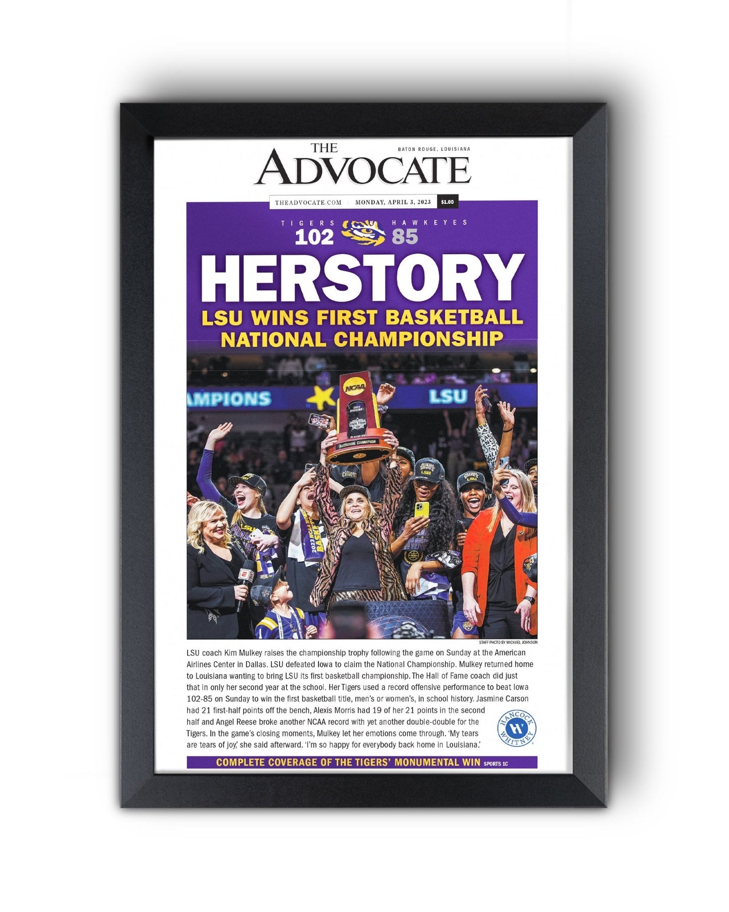 2023 LSU Tigers Women's National Champions "HERSTORY" Framed Front Page Newspaper - TitleGameFrames.com
