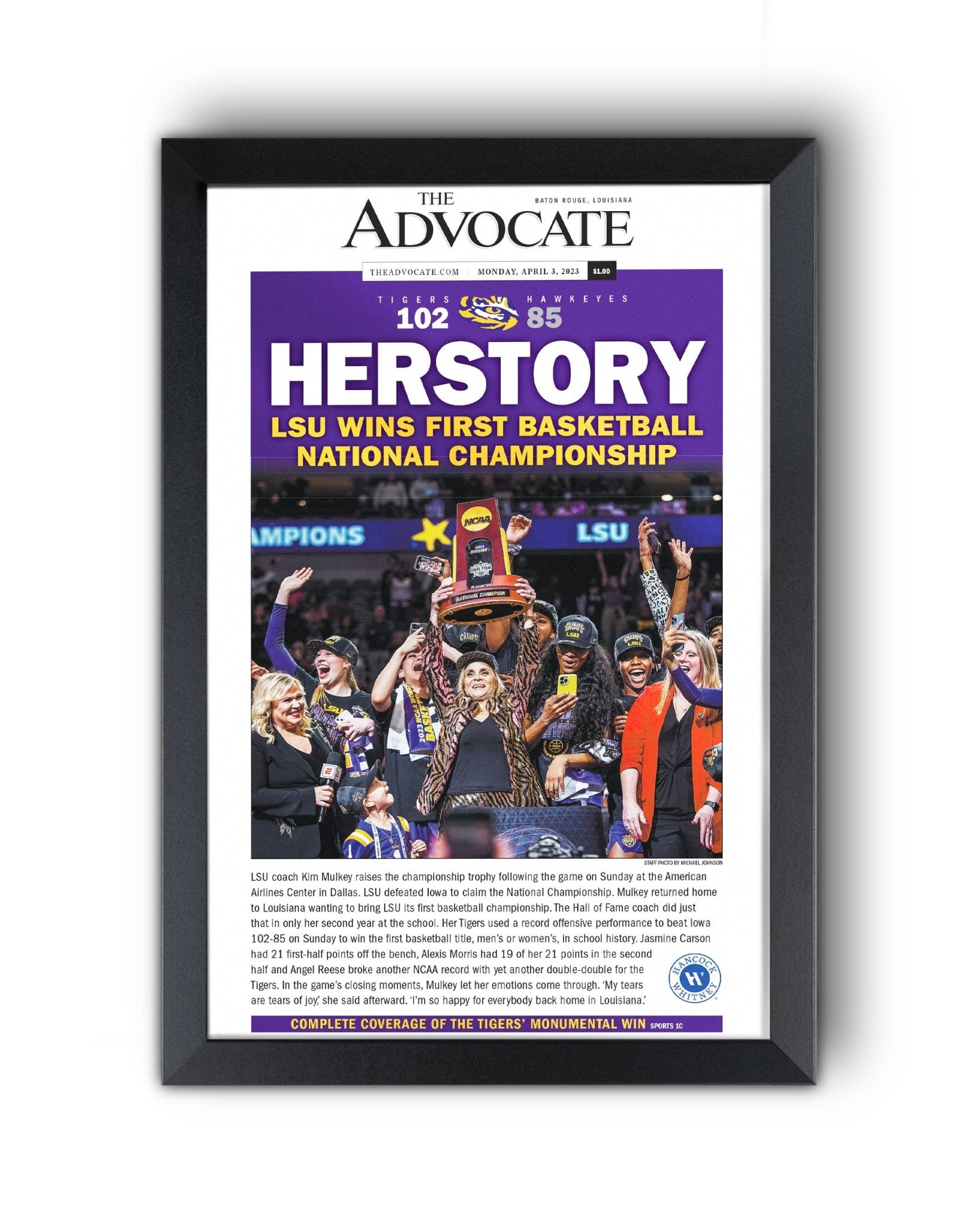 2023 LSU Tigers Women's National Champions "HERSTORY" Framed Front Page Newspaper - TitleGameFrames.com