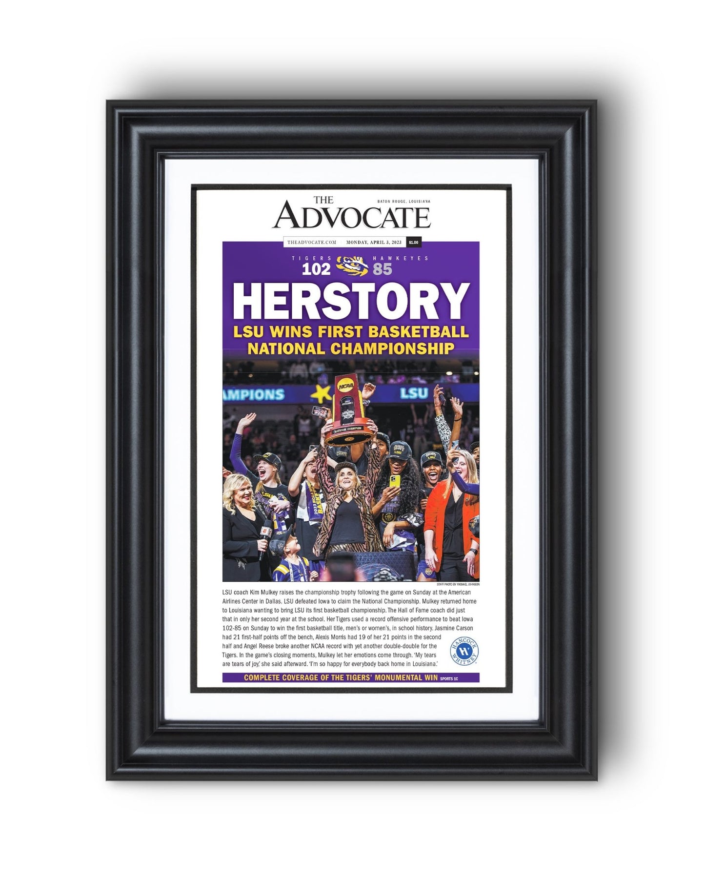 2023 LSU Tigers Women's National Champions "HERSTORY" Framed Front Page Newspaper - TitleGameFrames.com