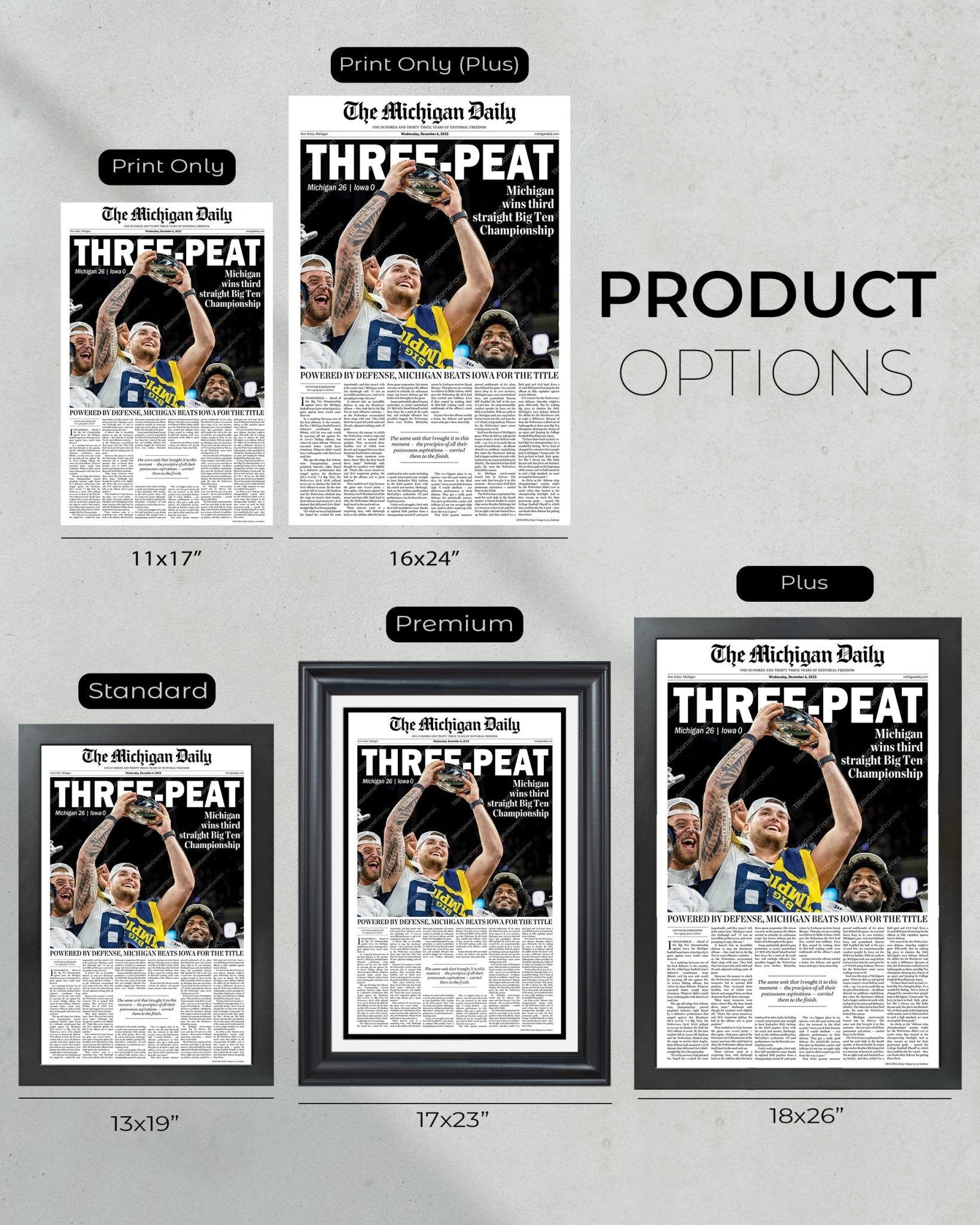 2023 Michigan Wolverines Big Ten Championship: 'THREE-PEAT' - Framed Newspaper Print - Title Game Frames