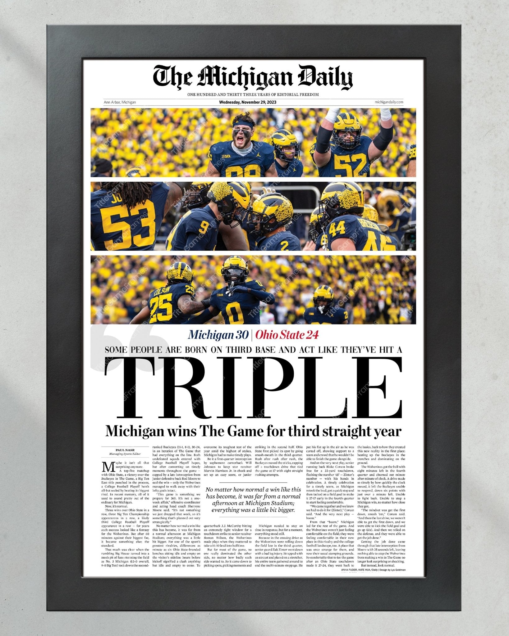 2023 Michigan Wolverines' Third Consecutive Victory Over Ohio State: 'TRIPLE' - Framed Print - TitleGameFrames.com