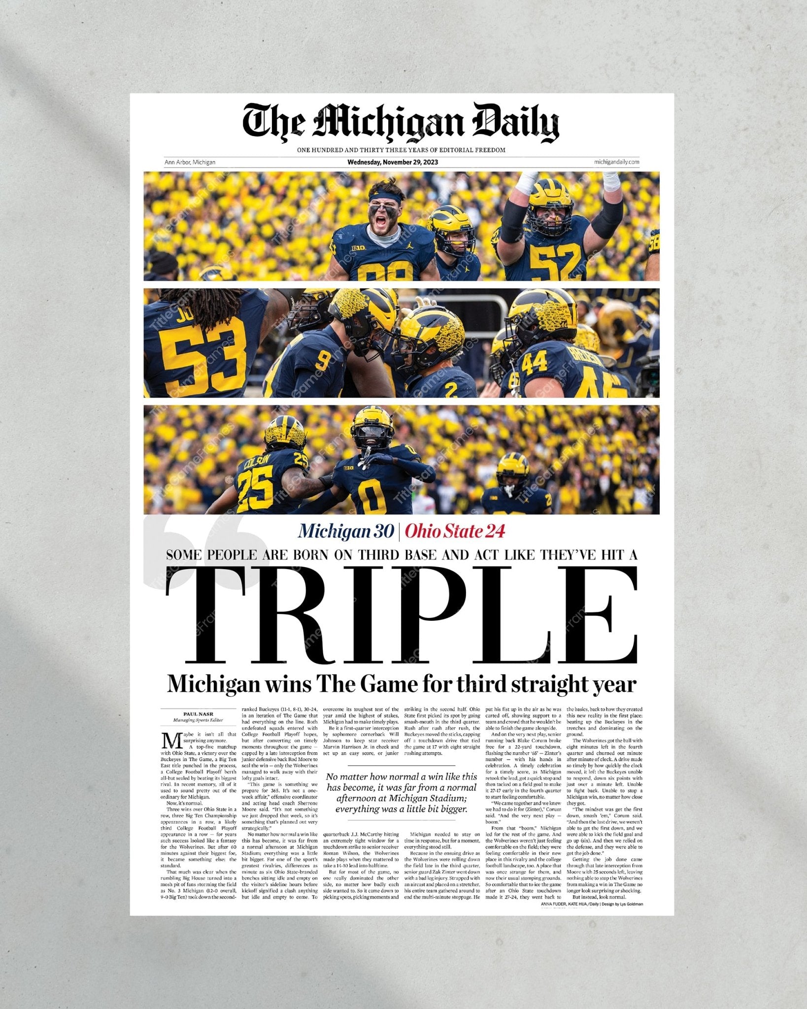 2023 Michigan Wolverines' Third Consecutive Victory Over Ohio State: 'TRIPLE' - Framed Print - TitleGameFrames.com
