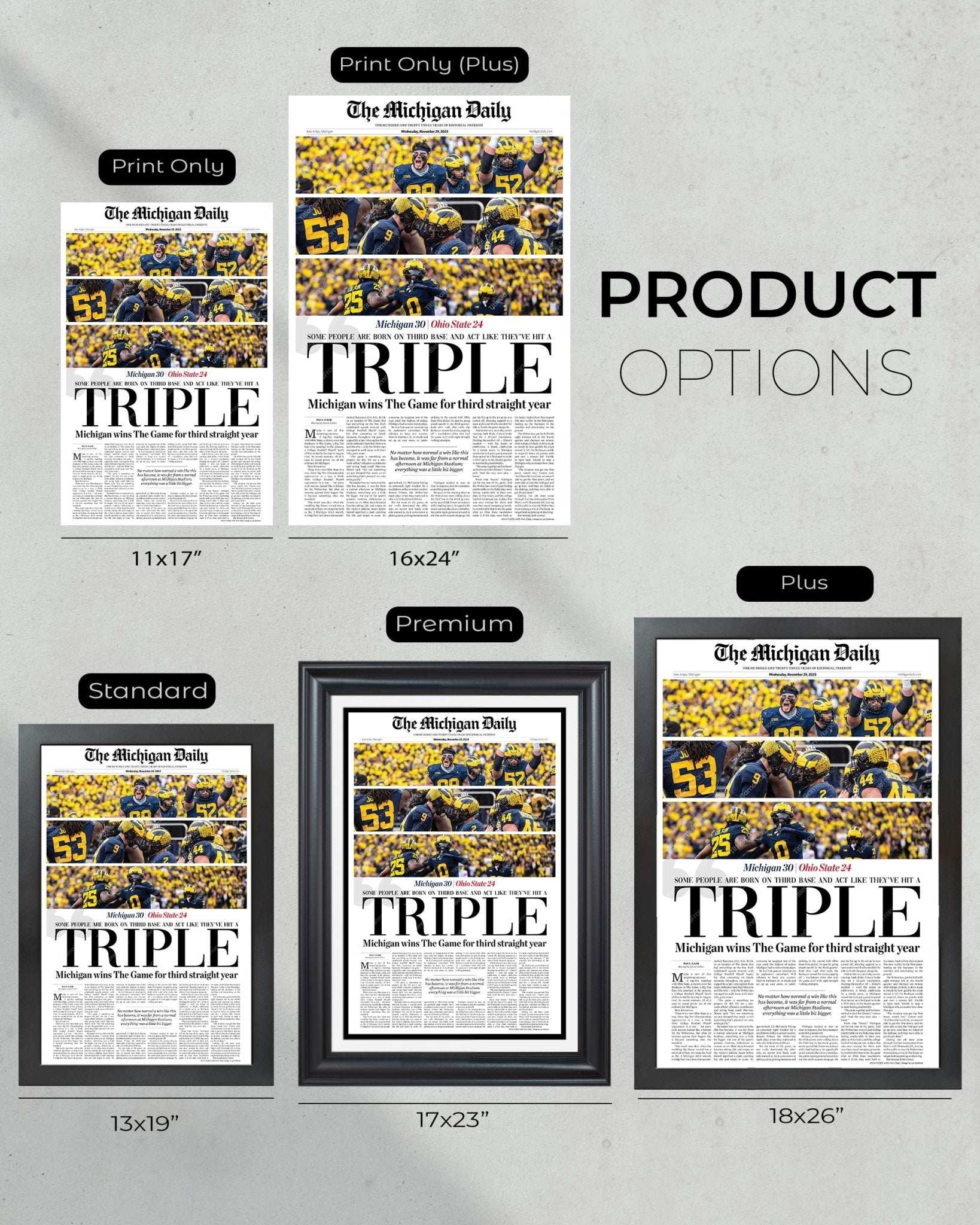 2023 Michigan Wolverines' Third Consecutive Victory Over Ohio State: 'TRIPLE' - Framed Print - TitleGameFrames.com