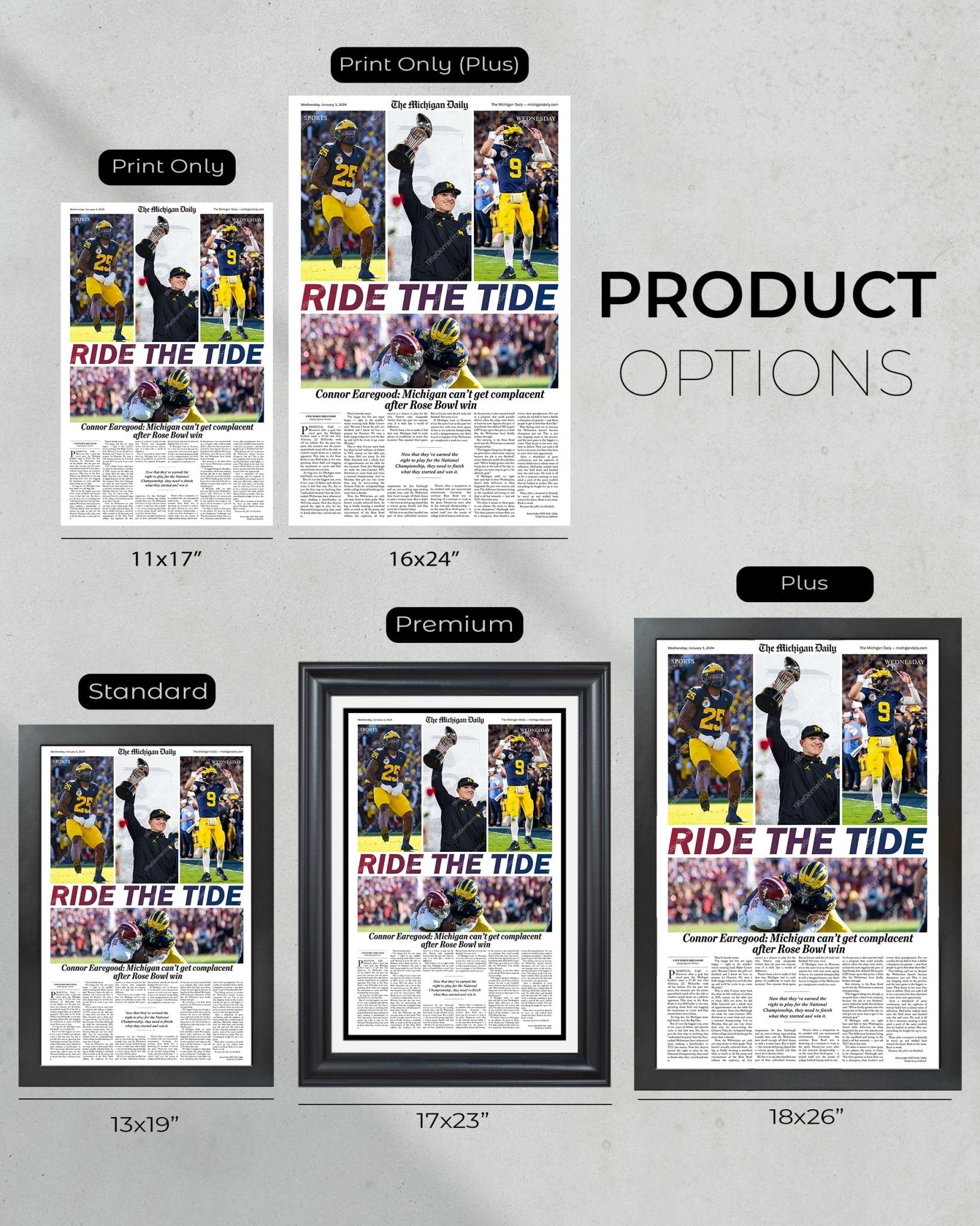 2023 Rose Bowl Victory: 'RIDE THE TIDE' - Michigan's Historic Win Over Alabama Print - TitleGameFrames.com