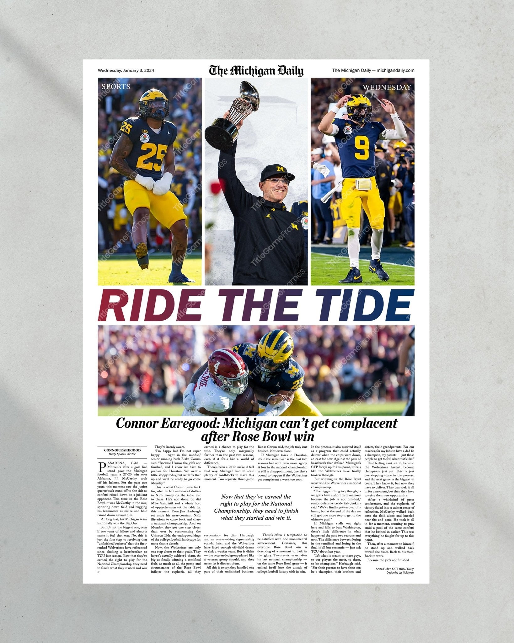 2023 Rose Bowl Victory: 'RIDE THE TIDE' - Michigan's Historic Win Over Alabama Print - TitleGameFrames.com