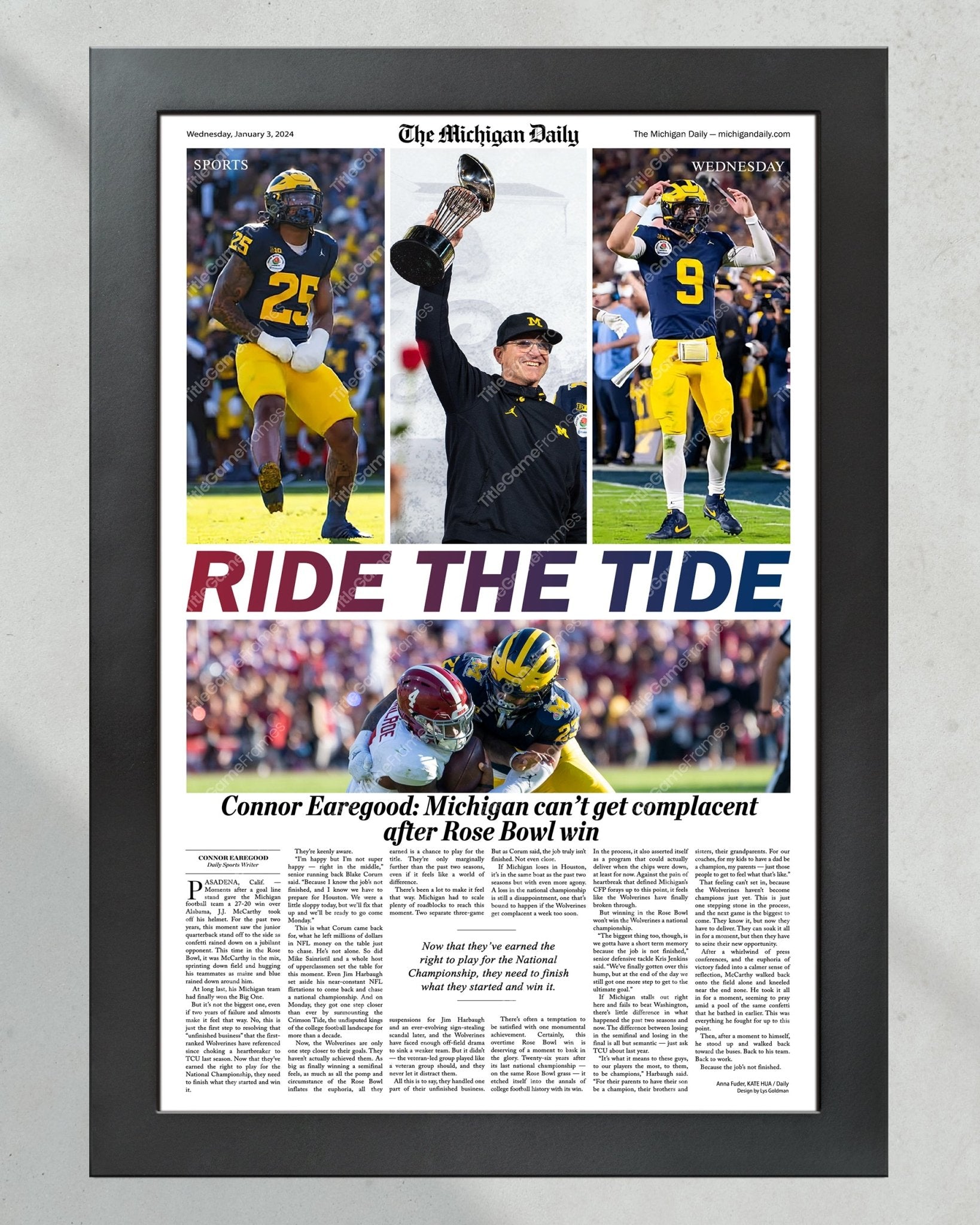 2023 Rose Bowl Victory: 'RIDE THE TIDE' - Michigan's Historic Win Over Alabama Print - TitleGameFrames.com