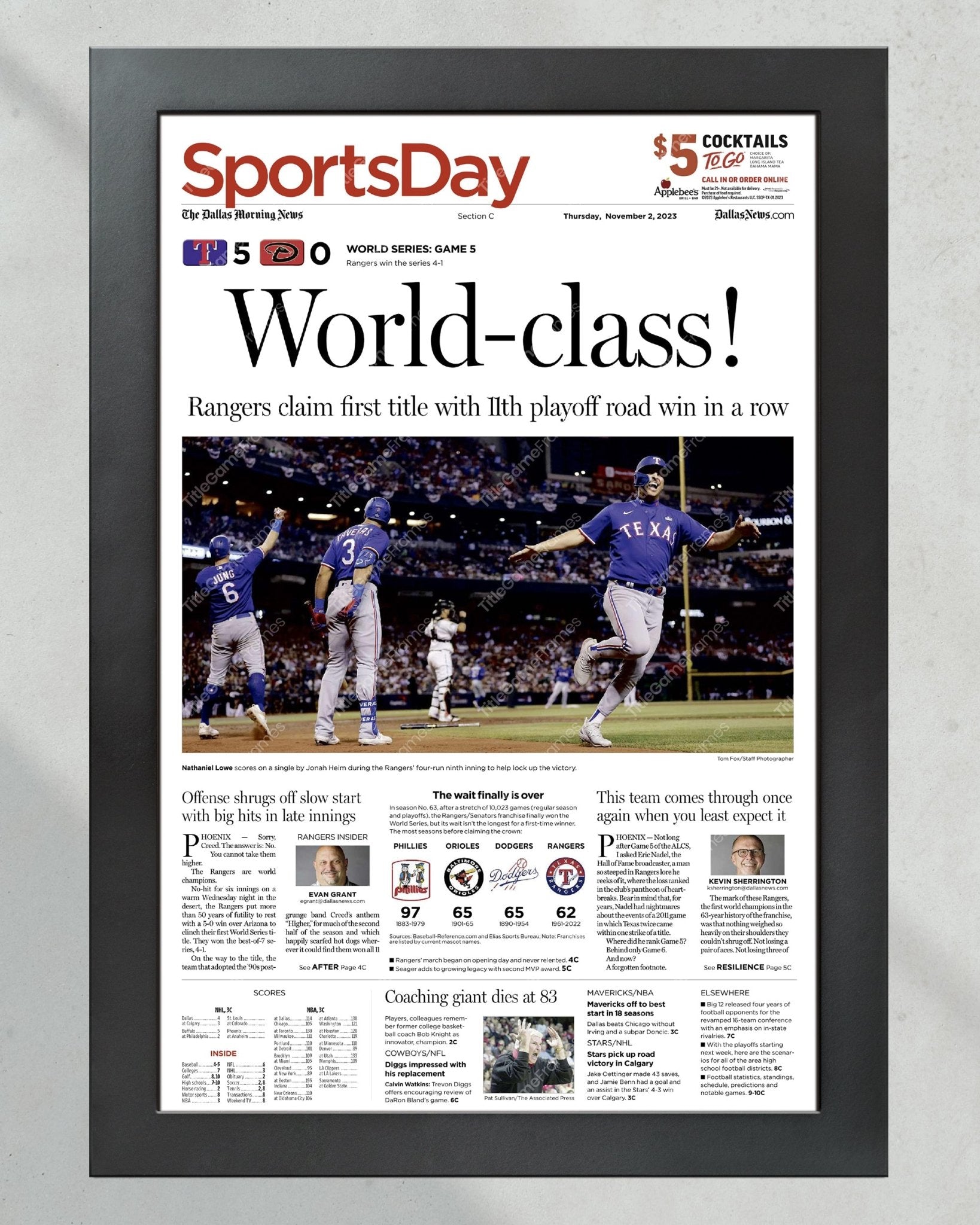 2023 Texas Rangers World Series "World - class!" - Commemorative Framed Newspaper - TitleGameFrames.com