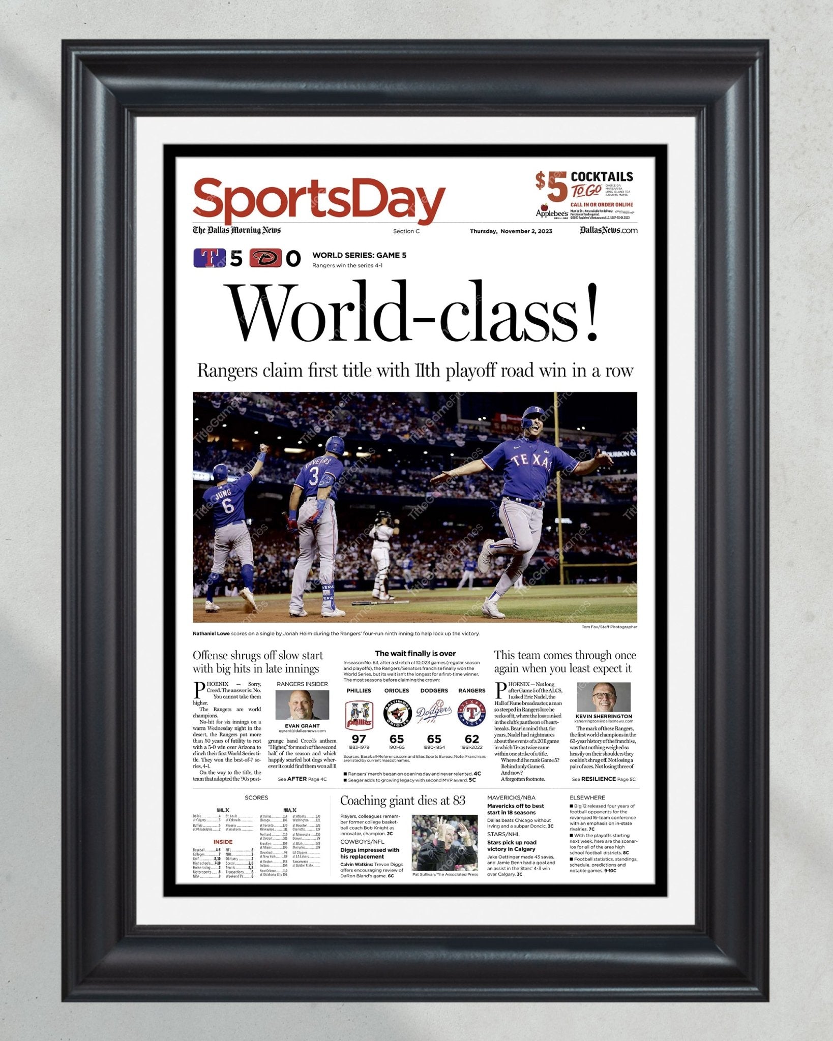 2023 Texas Rangers World Series "World - class!" - Commemorative Framed Newspaper - TitleGameFrames.com