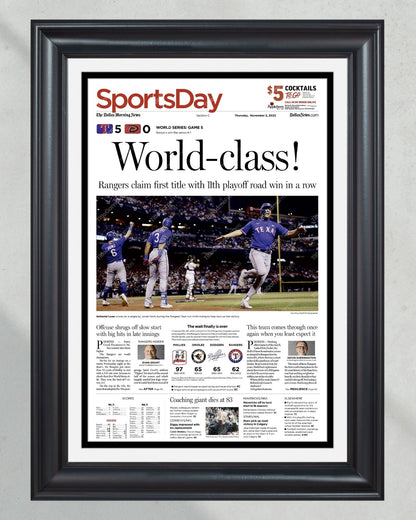 2023 Texas Rangers World Series "World - class!" - Commemorative Framed Newspaper - TitleGameFrames.com