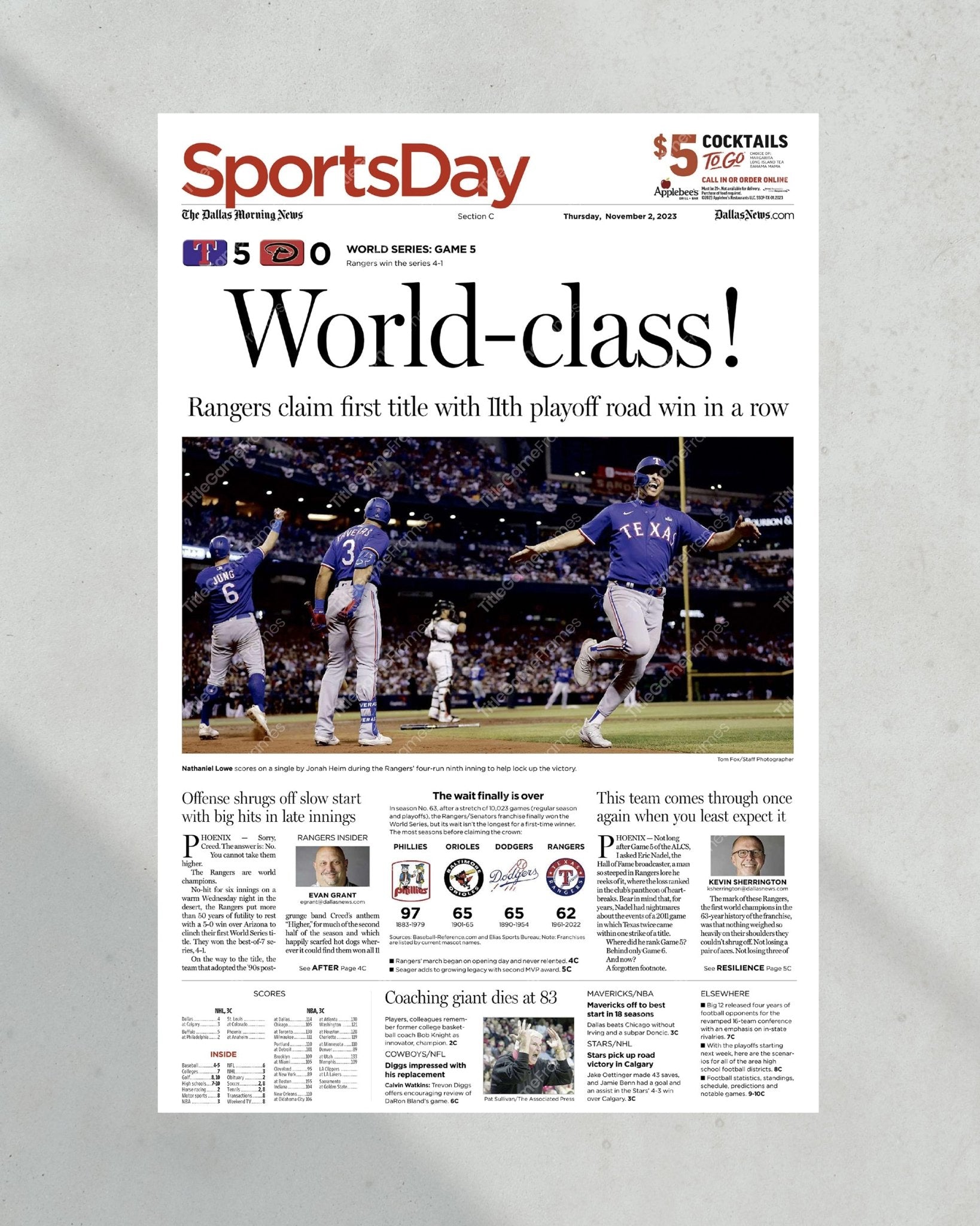 2023 Texas Rangers World Series "World - class!" - Commemorative Framed Newspaper - TitleGameFrames.com