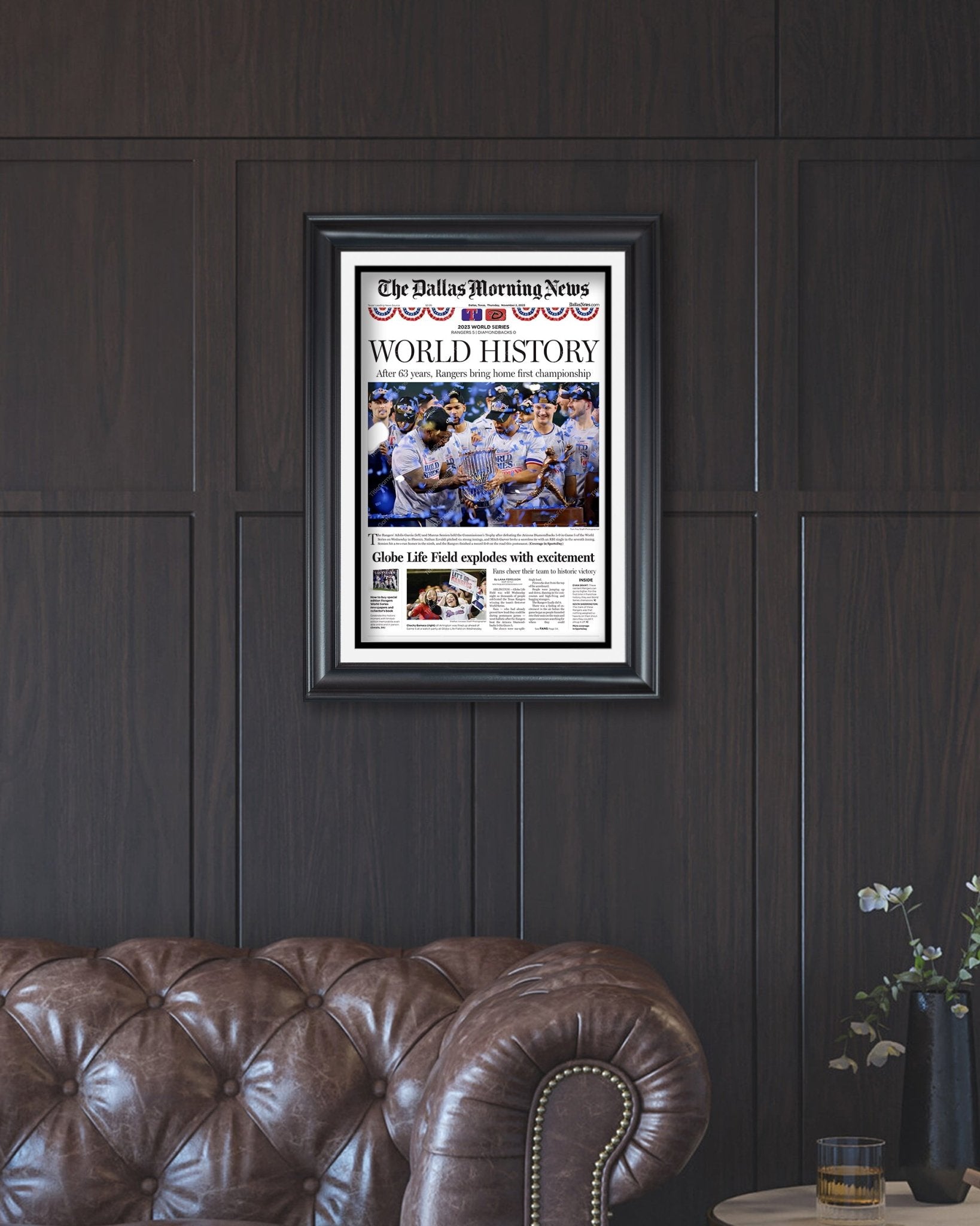 2023 Texas Rangers World Series "WORLD HISTORY" - Commemorative Framed Newspaper - TitleGameFrames.com