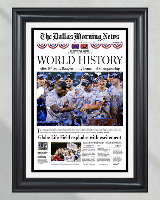2023 Texas Rangers World Series "WORLD HISTORY" - Commemorative Framed Newspaper - TitleGameFrames.com