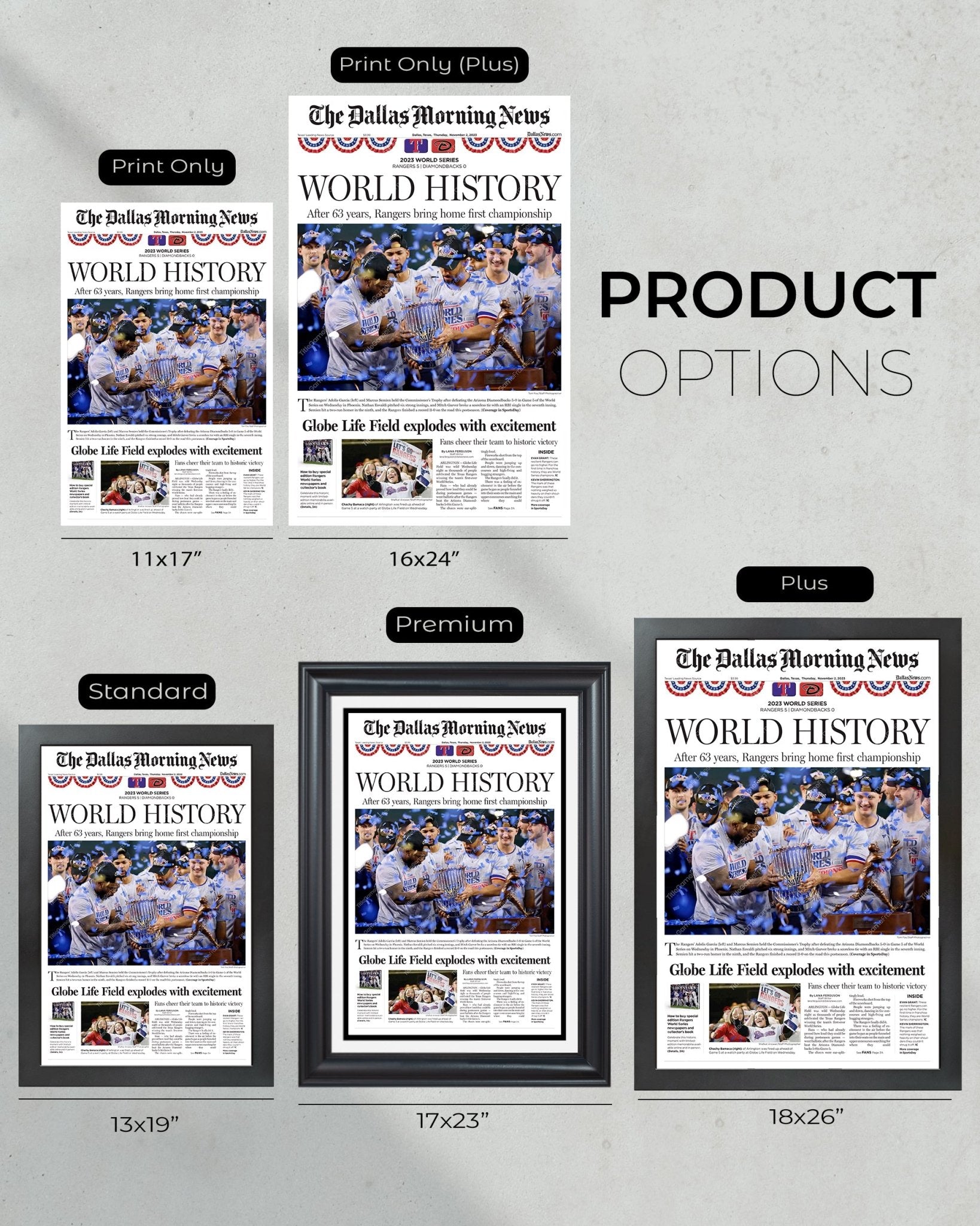 2023 Texas Rangers World Series "WORLD HISTORY" - Commemorative Framed Newspaper - TitleGameFrames.com