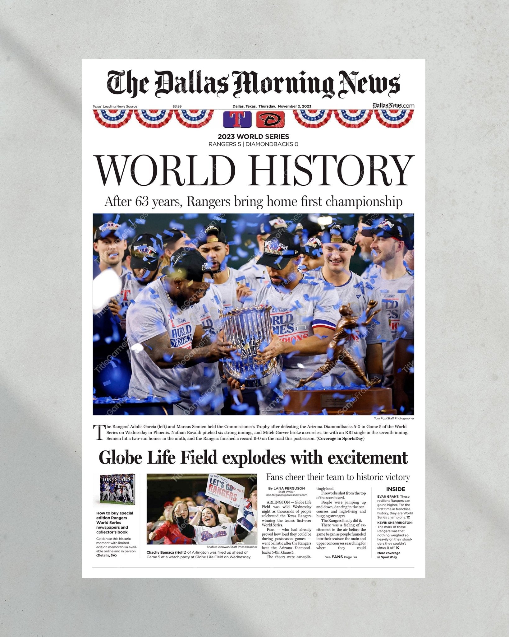 2023 Texas Rangers World Series "WORLD HISTORY" - Commemorative Framed Newspaper - TitleGameFrames.com
