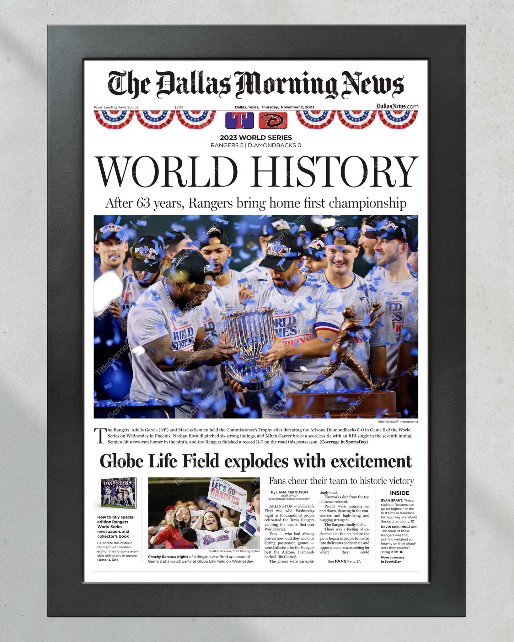 2023 Texas Rangers World Series "WORLD HISTORY" - Commemorative Framed Newspaper - TitleGameFrames.com