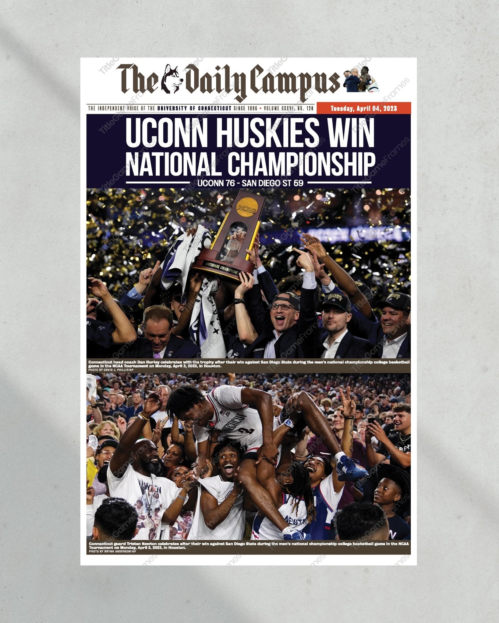2023 UConn Huskies: National Championship Glory Framed Newspaper Print - TitleGameFrames.com