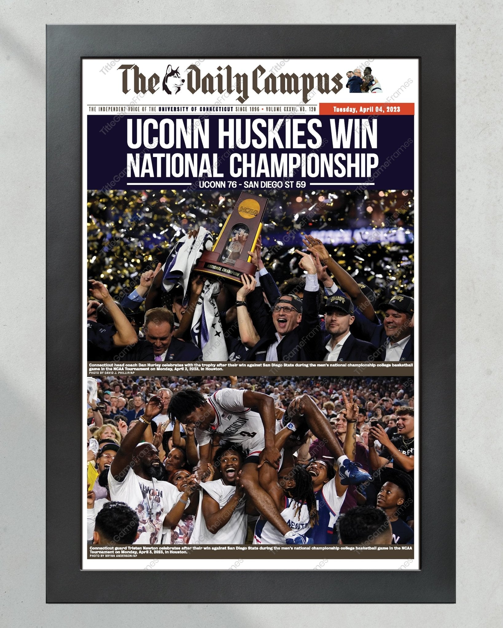 2023 UConn Huskies: National Championship Glory Framed Newspaper Print - TitleGameFrames.com