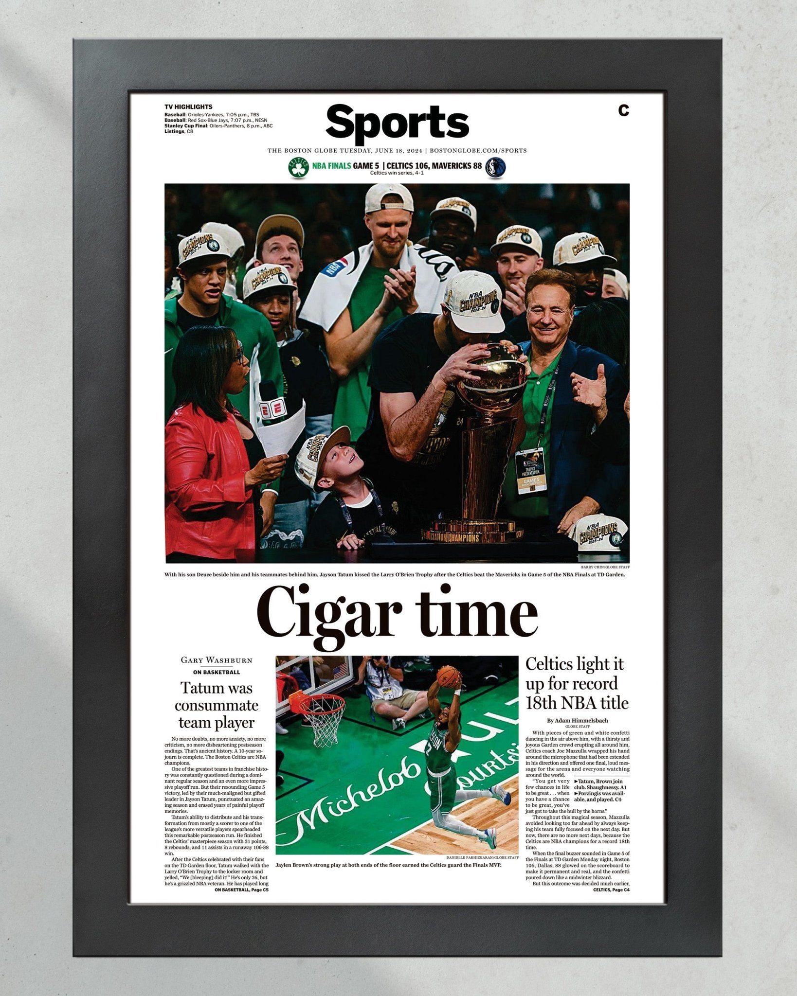2024 Boston Celtics NBA Champions 'Cigar Time' Framed Commemorative Newspaper - TitleGameFrames.com