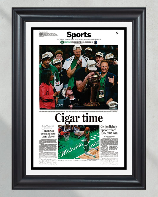 2024 Boston Celtics NBA Champions 'Cigar Time' Framed Commemorative Newspaper - TitleGameFrames.com