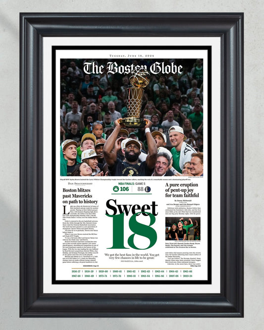 2024 Boston Celtics NBA Champions 'Sweet 18' Framed Newspaper - TitleGameFrames.com